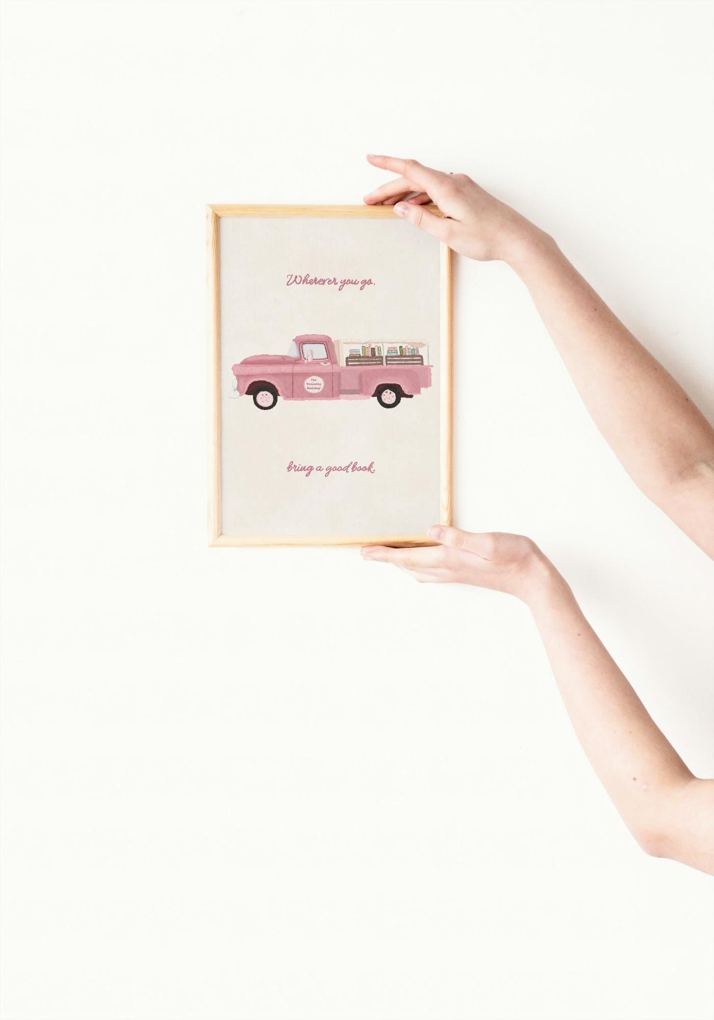 Whimsical Book Truck Art Print | Pink Book Illustration | Book Lover Wall Decor | Dreamy Bookish Home Art