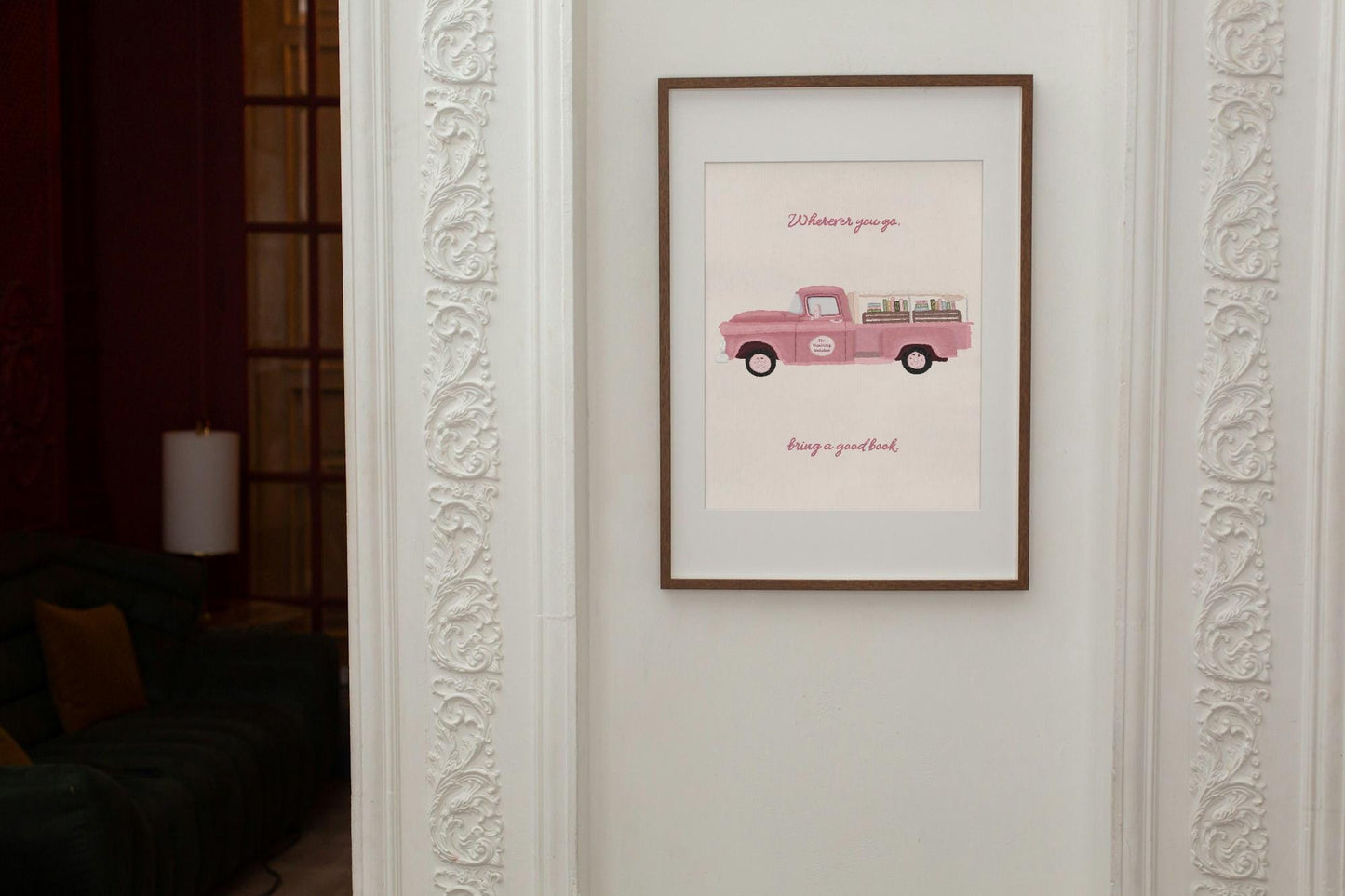 Whimsical Book Truck Art Print | Pink Book Illustration | Book Lover Wall Decor | Dreamy Bookish Home Art