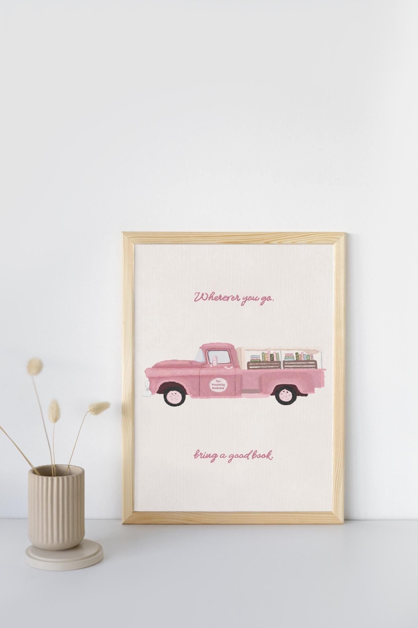 Whimsical Book Truck Art Print | Pink Book Illustration | Book Lover Wall Decor | Dreamy Bookish Home Art