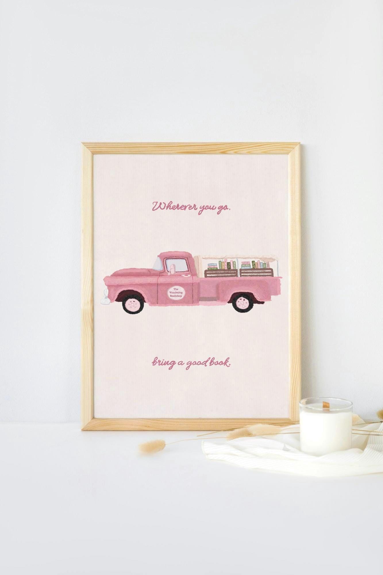 Whimsical Book Truck Art Print | Pink Book Illustration | Book Lover Wall Decor | Dreamy Bookish Home Art