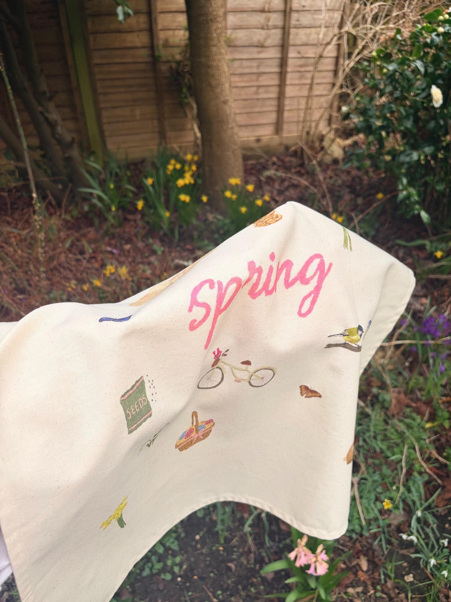 Spring Tea Towel Organic Cotton | Easter Kitchen Decor | Floral Bunny Tea Towel | Pink Spring Kitchen Decor | Cottagecore Tea Towel Gift