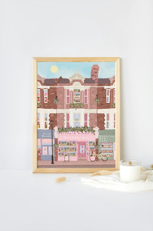 Pink London Wall Art Print | Spring Street Scene Decor | Bookshop & Flower Shop Illustration | Café Wall Art | Cosy Feminine Home Art