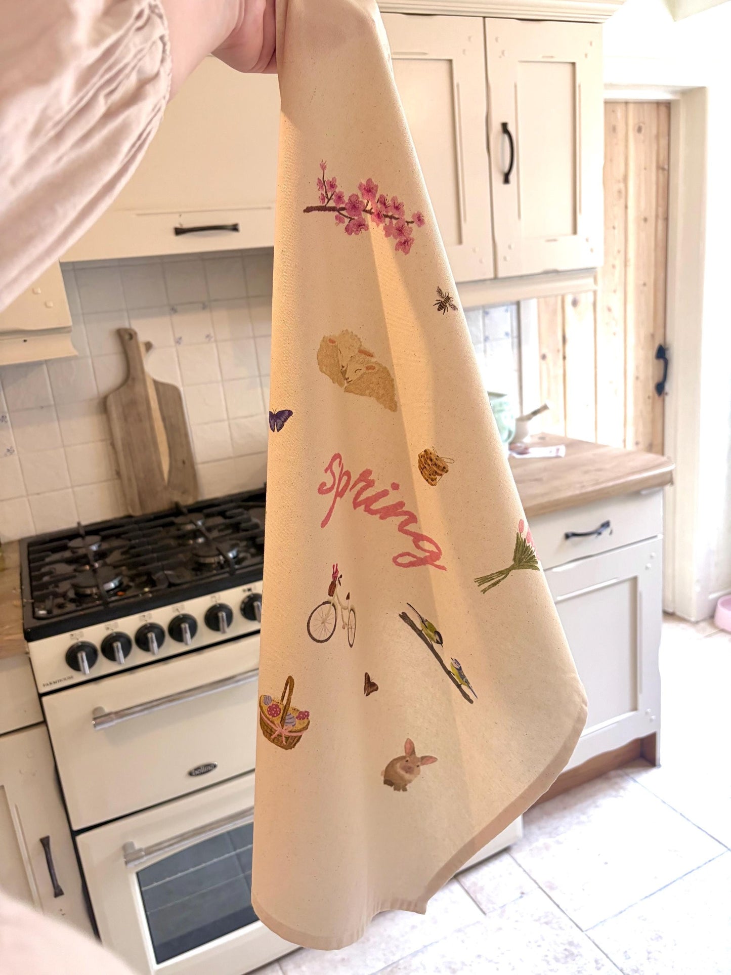 Spring Tea Towel Organic Cotton | Easter Kitchen Decor | Floral Bunny Tea Towel | Pink Spring Kitchen Decor | Cottagecore Tea Towel Gift