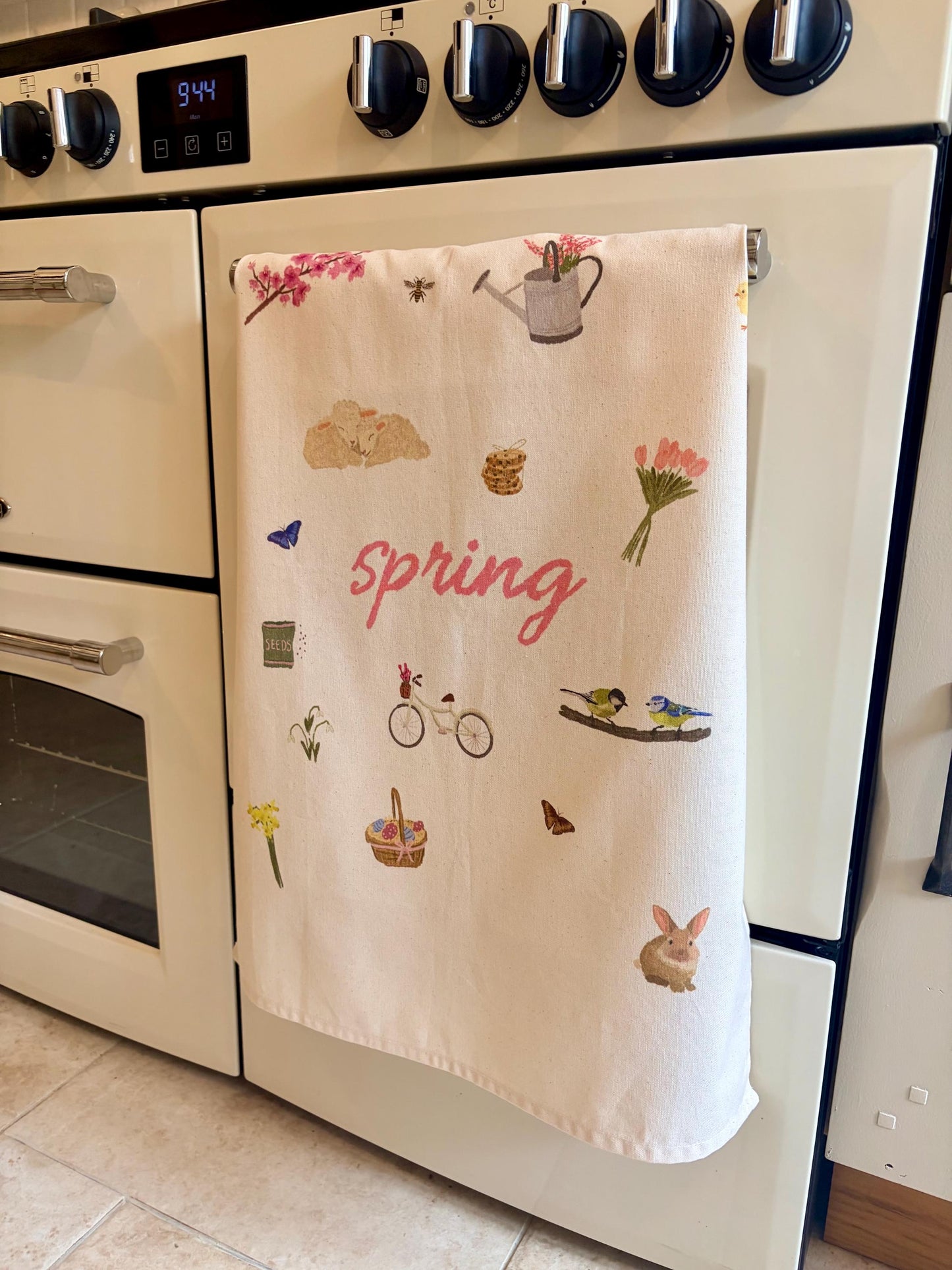 Spring Tea Towel Organic Cotton | Easter Kitchen Decor | Floral Bunny Tea Towel | Pink Spring Kitchen Decor | Cottagecore Tea Towel Gift