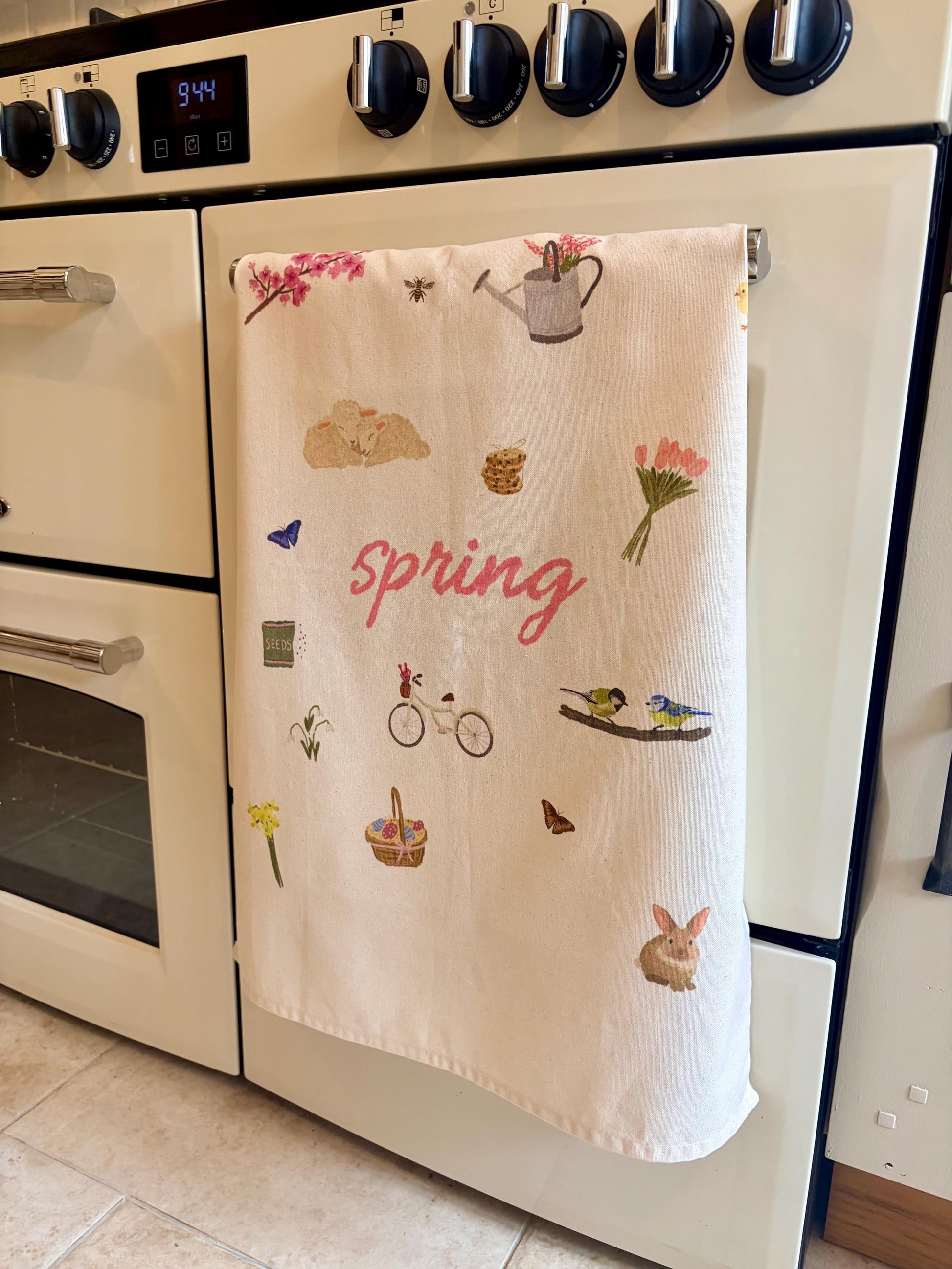Spring Tea Towel Organic Cotton | Easter Kitchen Decor | Floral Bunny Tea Towel | Pink Spring Kitchen Decor | Cottagecore Tea Towel Gift