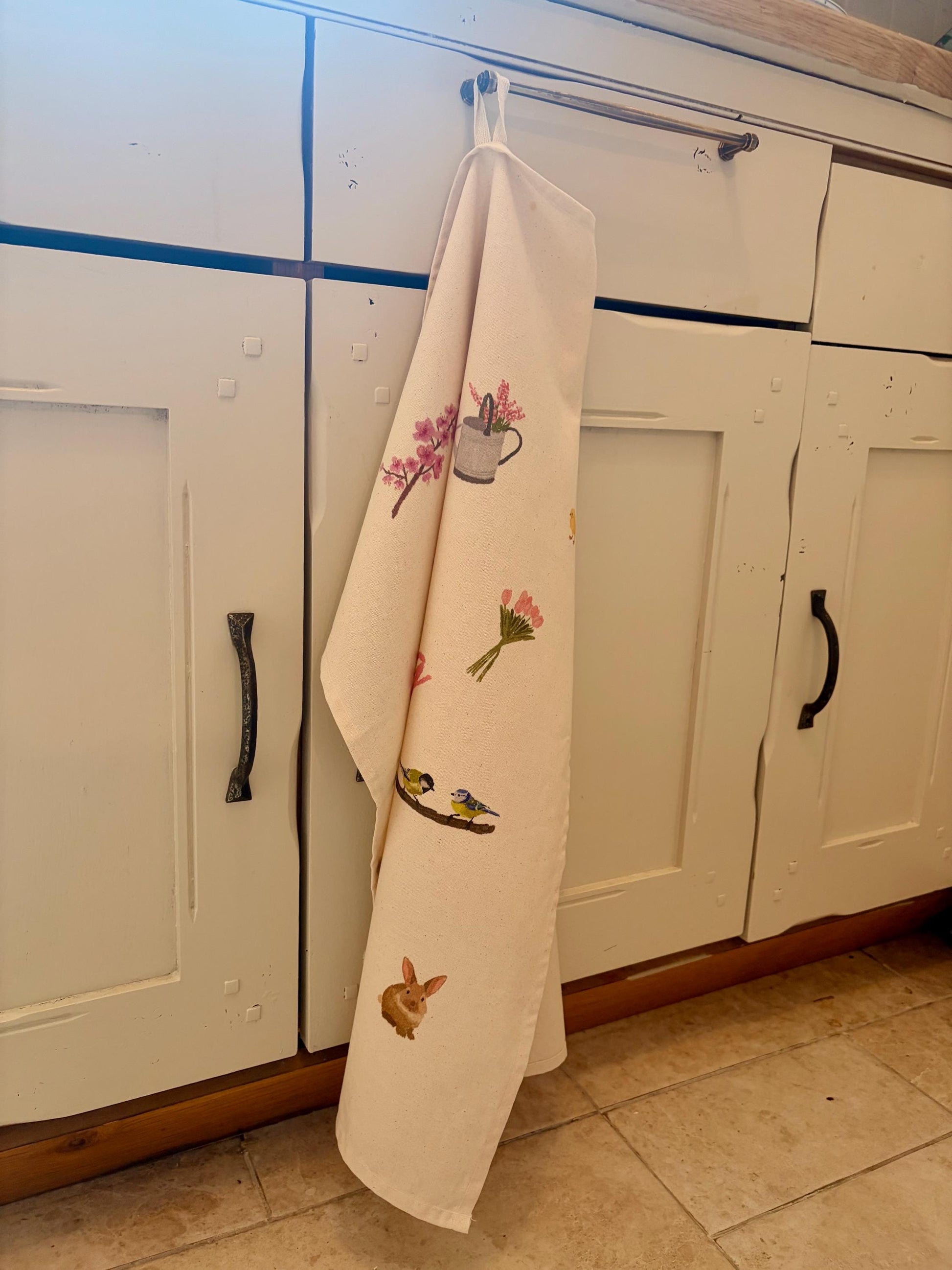 Spring Tea Towel Organic Cotton | Easter Kitchen Decor | Floral Bunny Tea Towel | Pink Spring Kitchen Decor | Cottagecore Tea Towel Gift