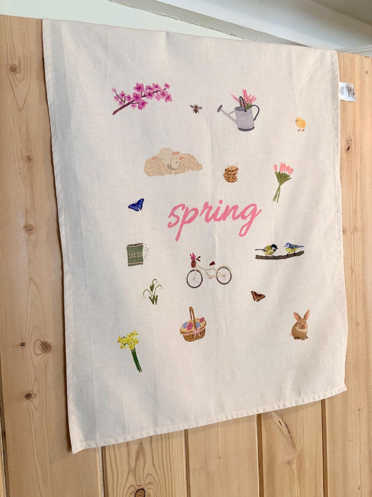 Spring Tea Towel Organic Cotton | Easter Kitchen Decor | Floral Bunny Tea Towel | Pink Spring Kitchen Decor | Cottagecore Tea Towel Gift