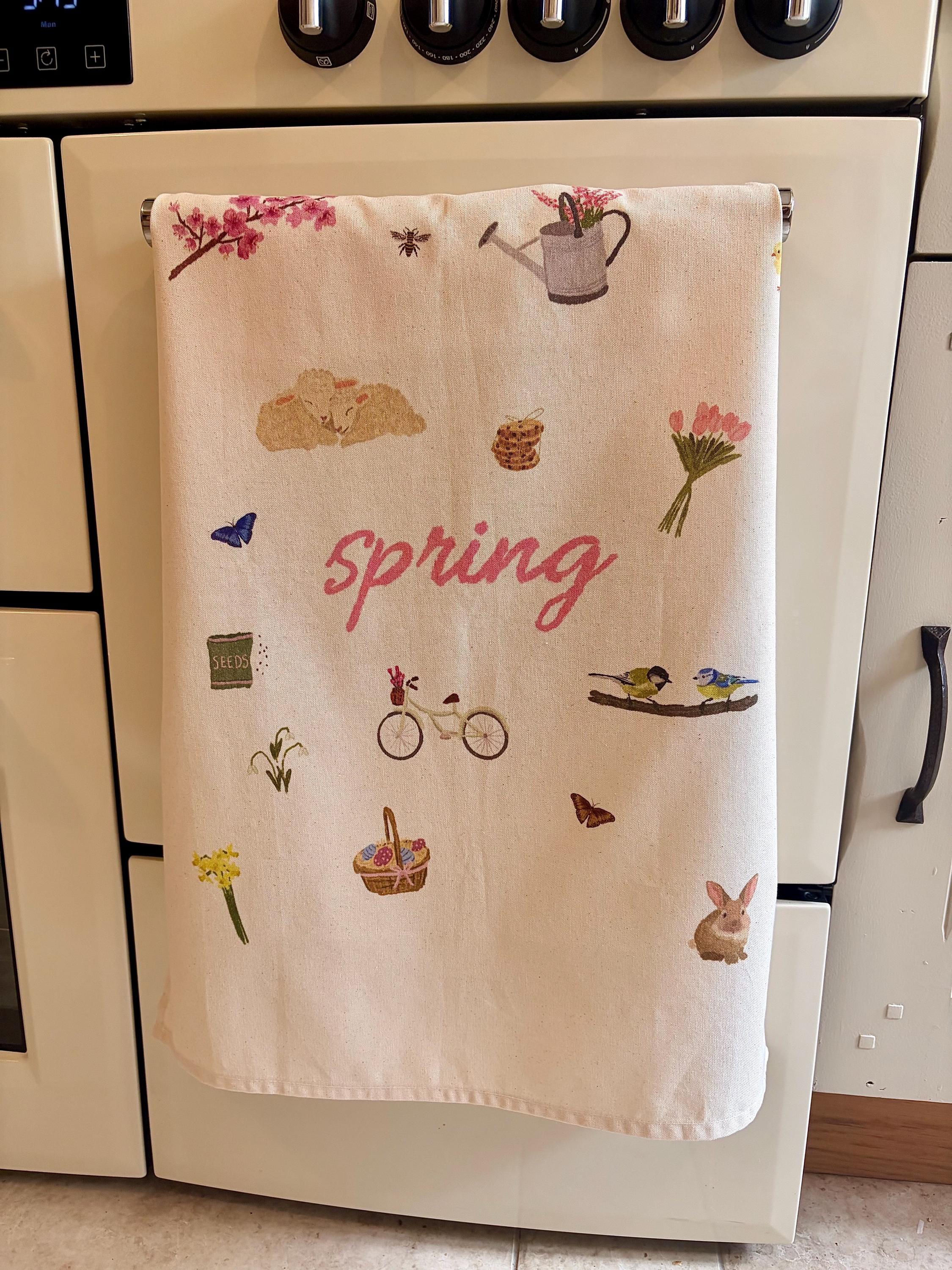 Spring Tea Towel Organic Cotton | Easter Kitchen Decor | Floral Bunny Tea Towel | Pink Spring Kitchen Decor | Cottagecore Tea Towel Gift