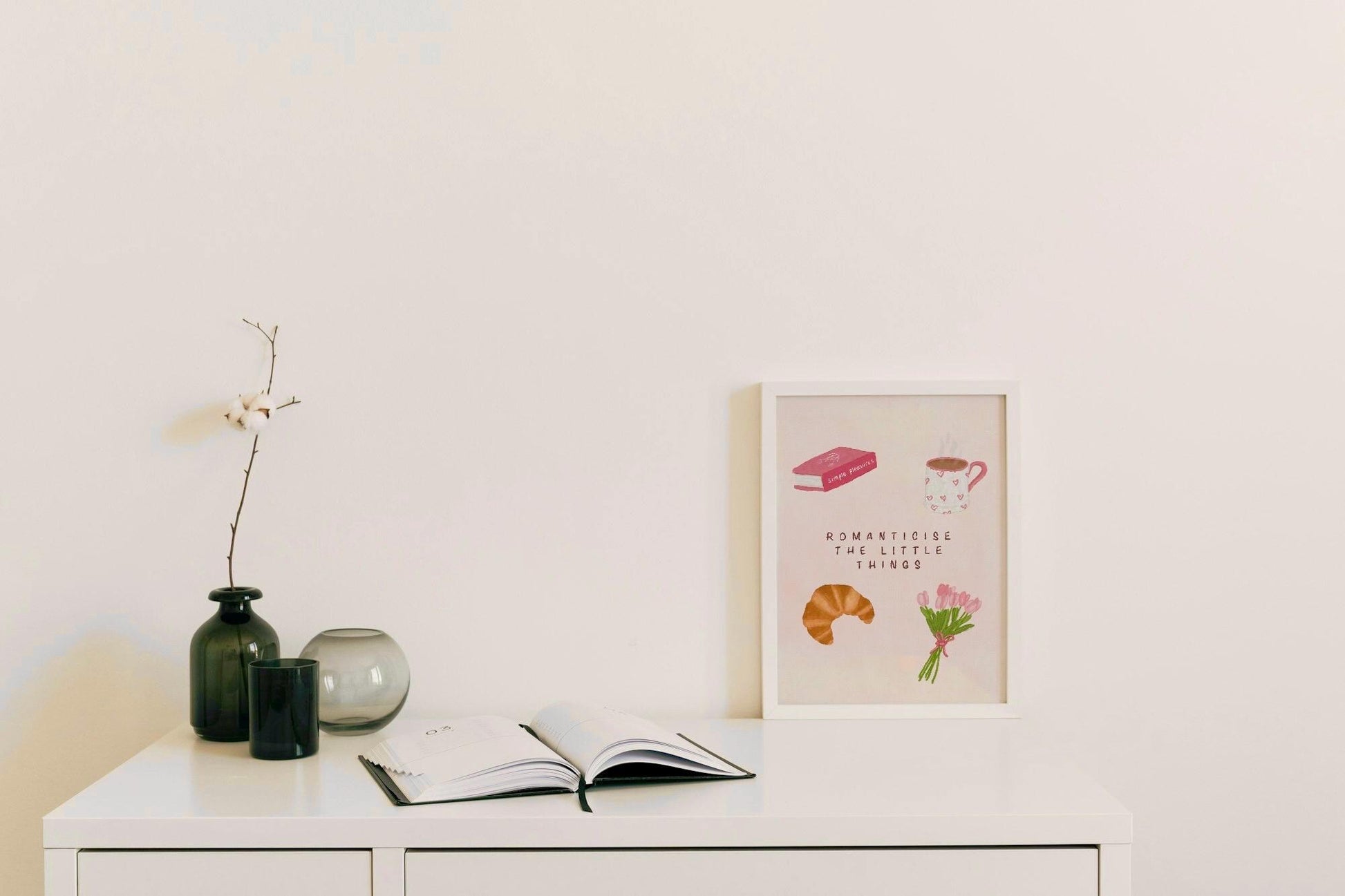 Romanticise The Little Things Print | Cosy Reading Art | Cottagecore Wall Art | Book Lover Gift | Pink Whimsical Decor | Positive Quote Art