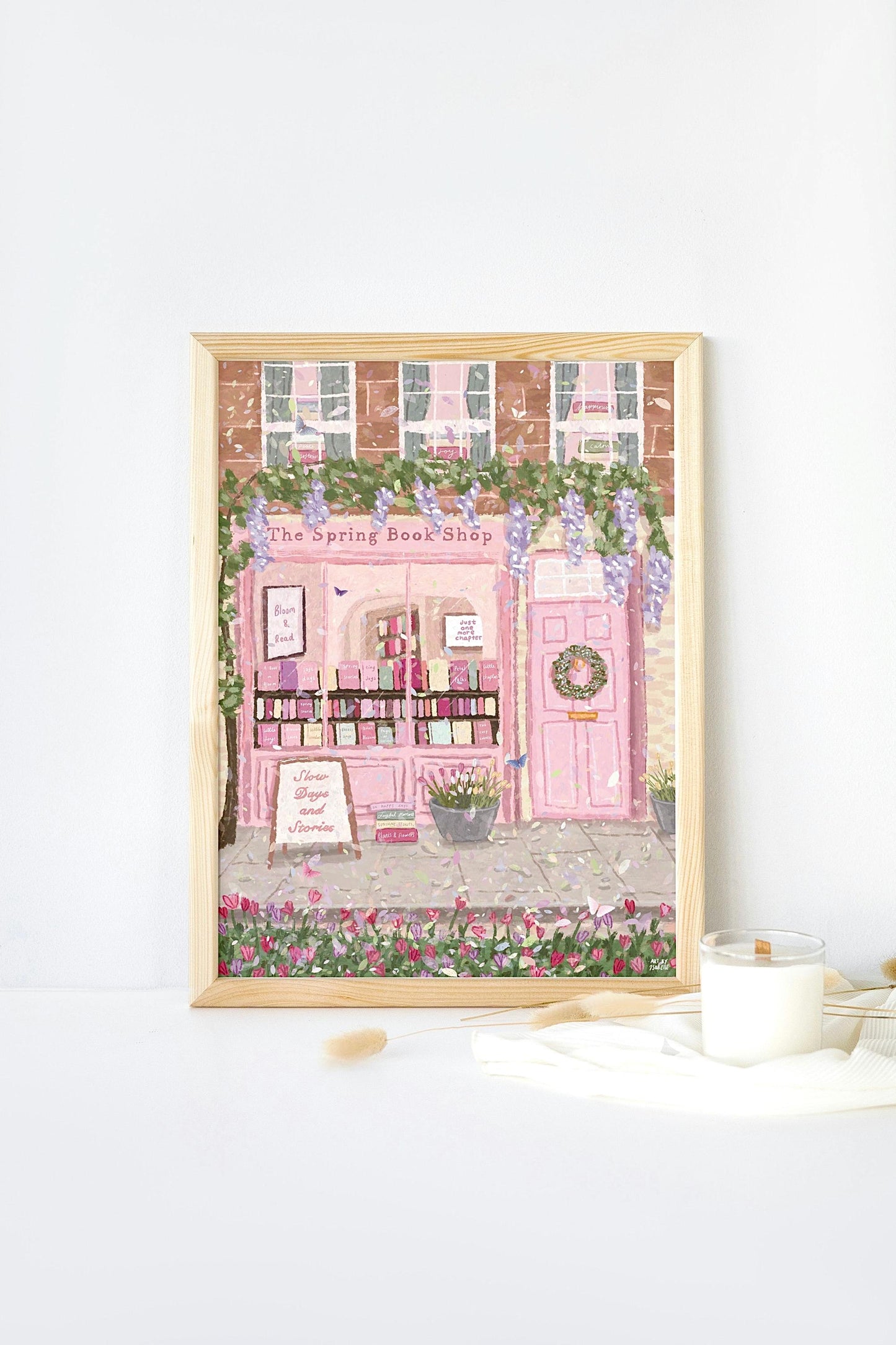 Spring Bookshop Print | Cottagecore Bookstore Wall Art | Floral Shop Front Illustration | Book Lover Gift | Pink Whimsical Decor