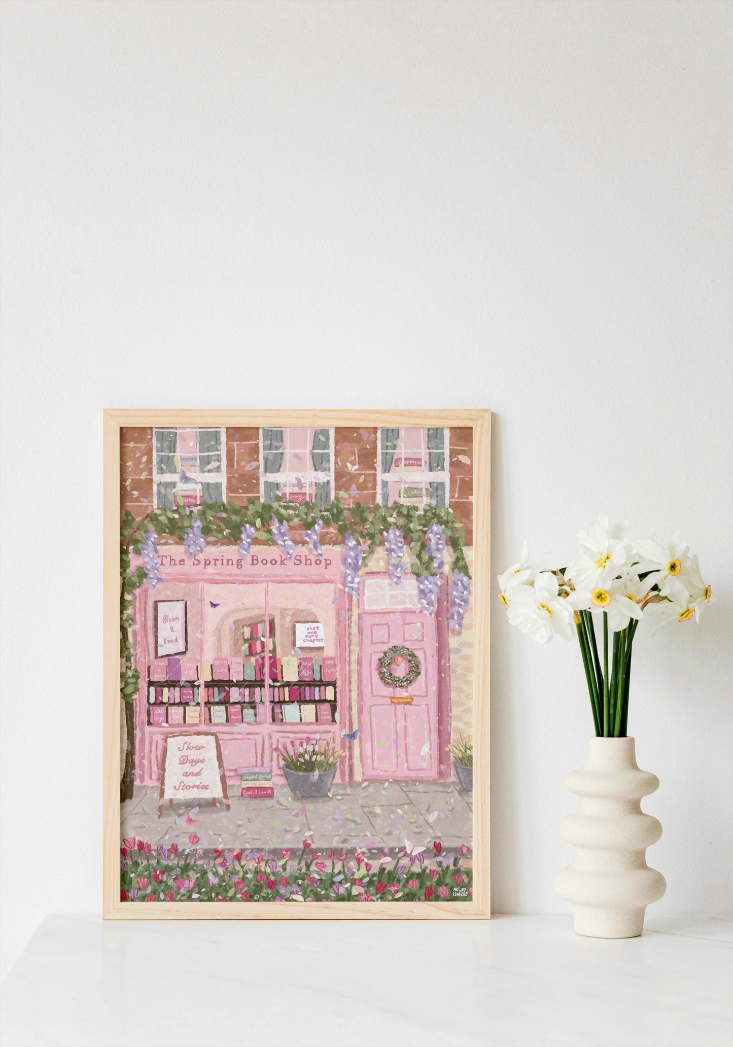 Spring Bookshop Print | Cottagecore Bookstore Wall Art | Floral Shop Front Illustration | Book Lover Gift | Pink Whimsical Decor
