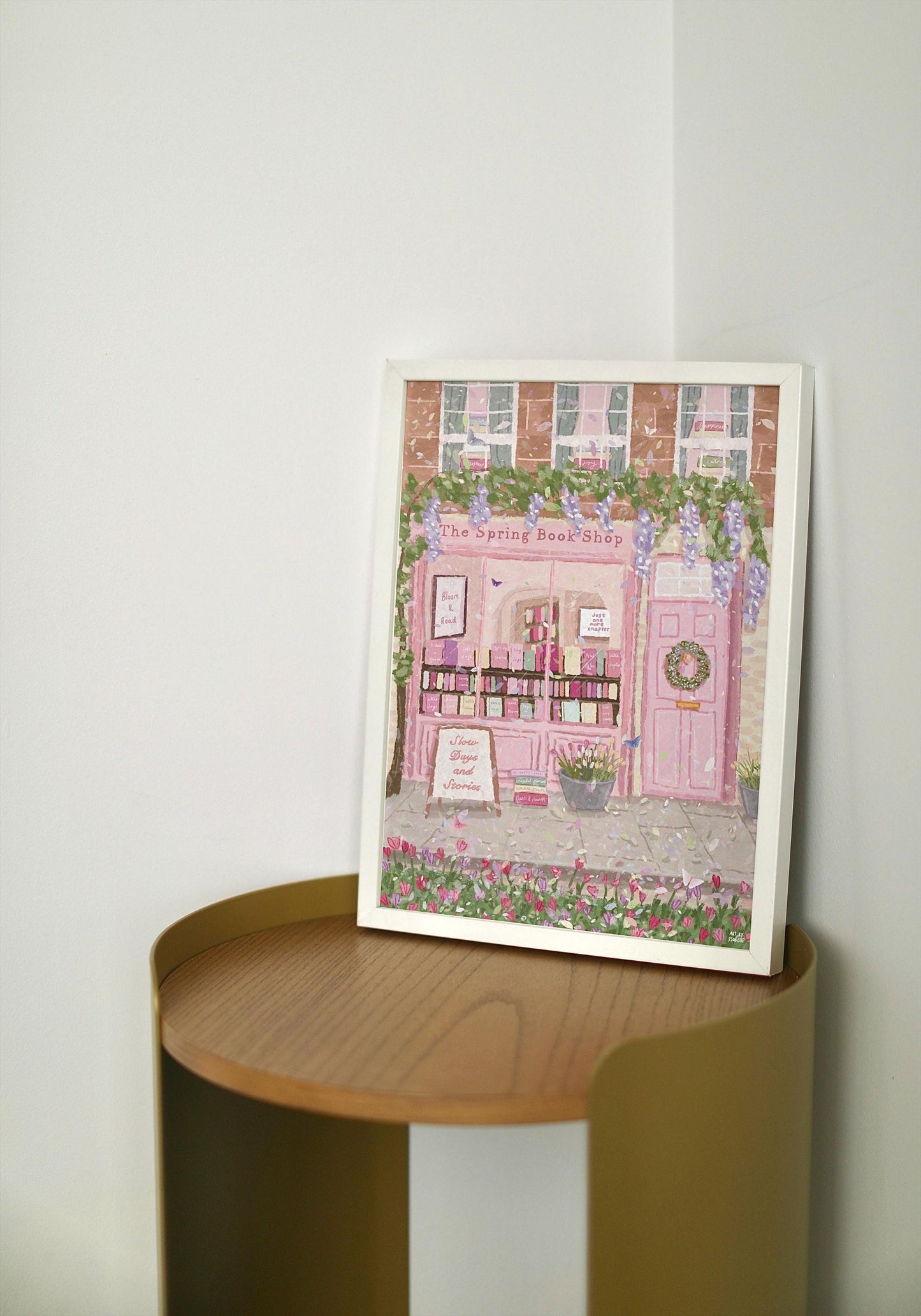 Spring Bookshop Print | Cottagecore Bookstore Wall Art | Floral Shop Front Illustration | Book Lover Gift | Pink Whimsical Decor