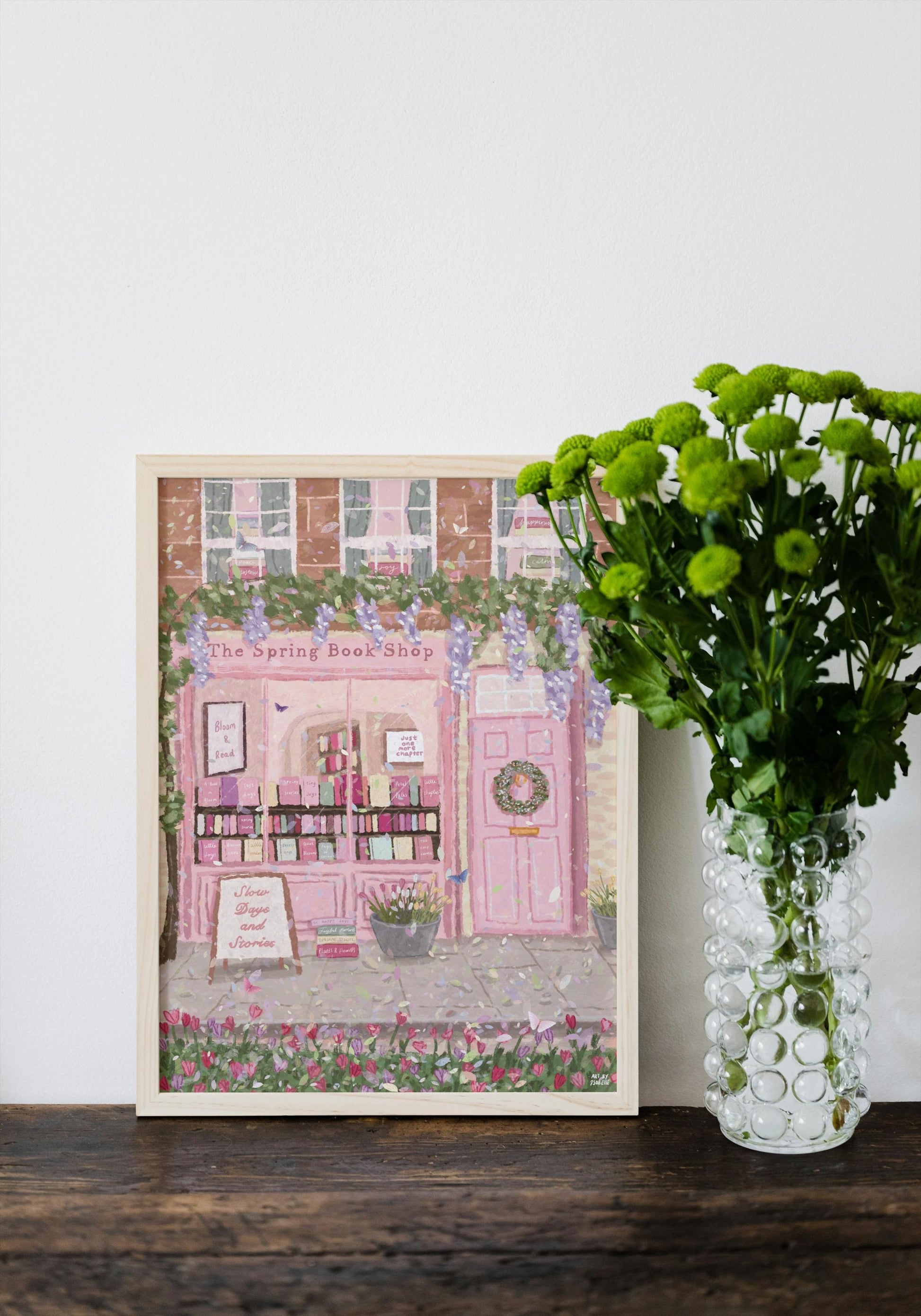 Spring Bookshop Print | Cottagecore Bookstore Wall Art | Floral Shop Front Illustration | Book Lover Gift | Pink Whimsical Decor