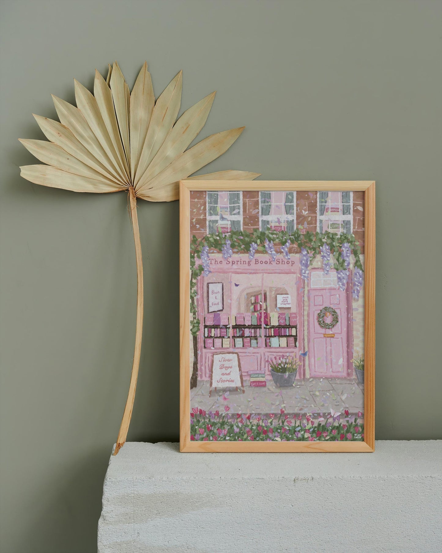 Spring Bookshop Print | Cottagecore Bookstore Wall Art | Floral Shop Front Illustration | Book Lover Gift | Pink Whimsical Decor