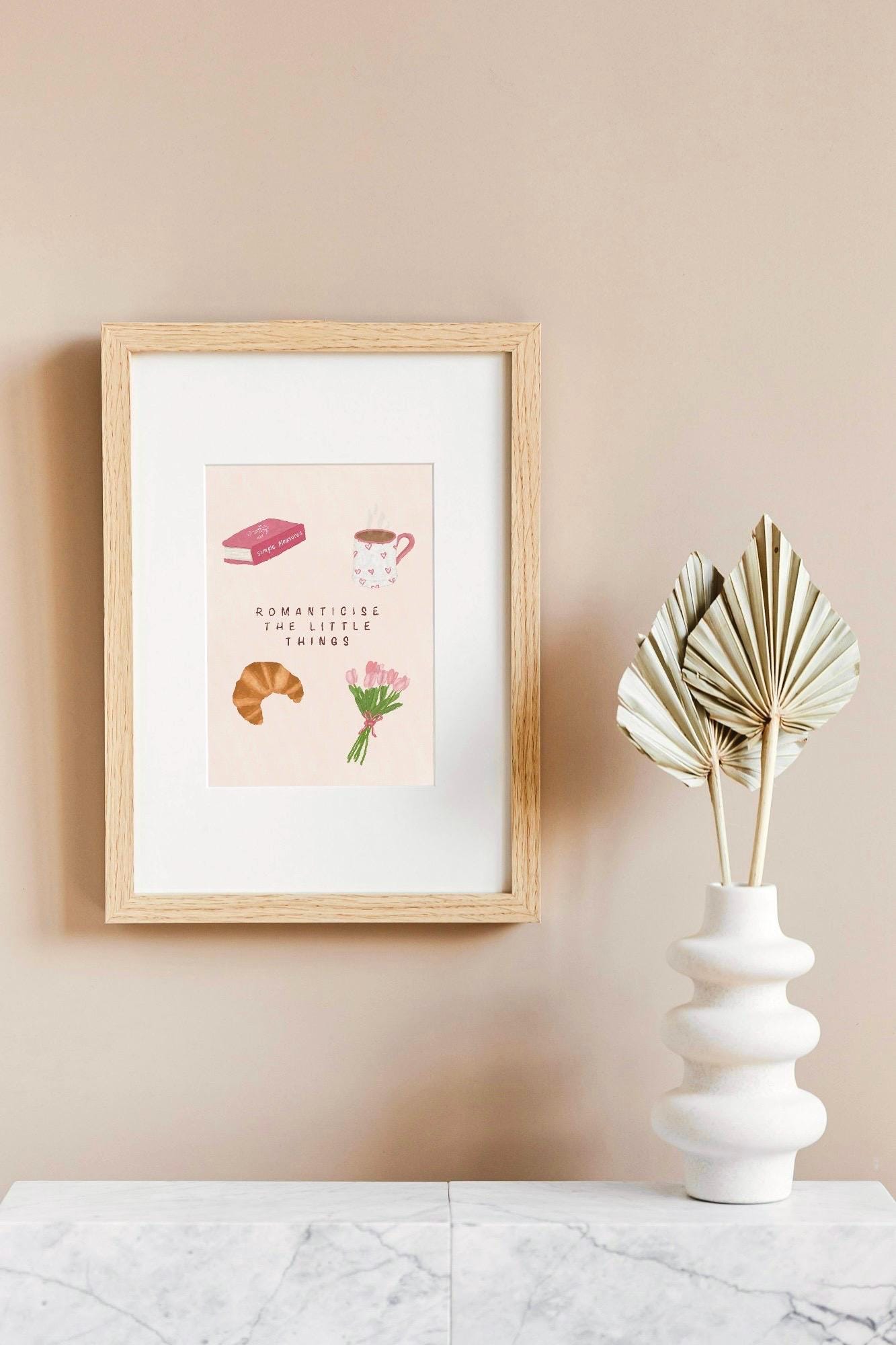 Romanticise The Little Things Print | Cosy Reading Art | Cottagecore Wall Art | Book Lover Gift | Pink Whimsical Decor | Positive Quote Art