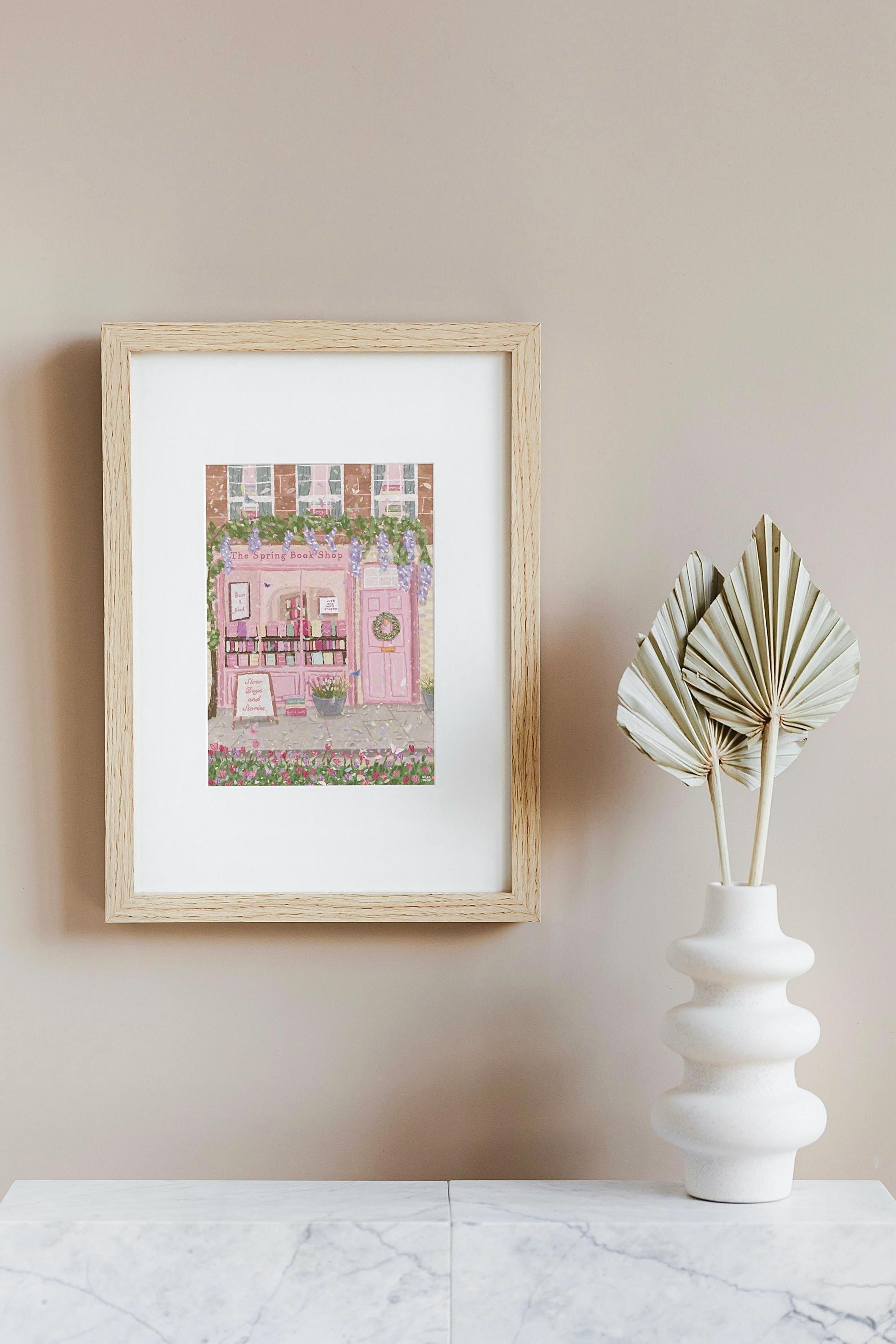 Spring Bookshop Print | Cottagecore Bookstore Wall Art | Floral Shop Front Illustration | Book Lover Gift | Pink Whimsical Decor