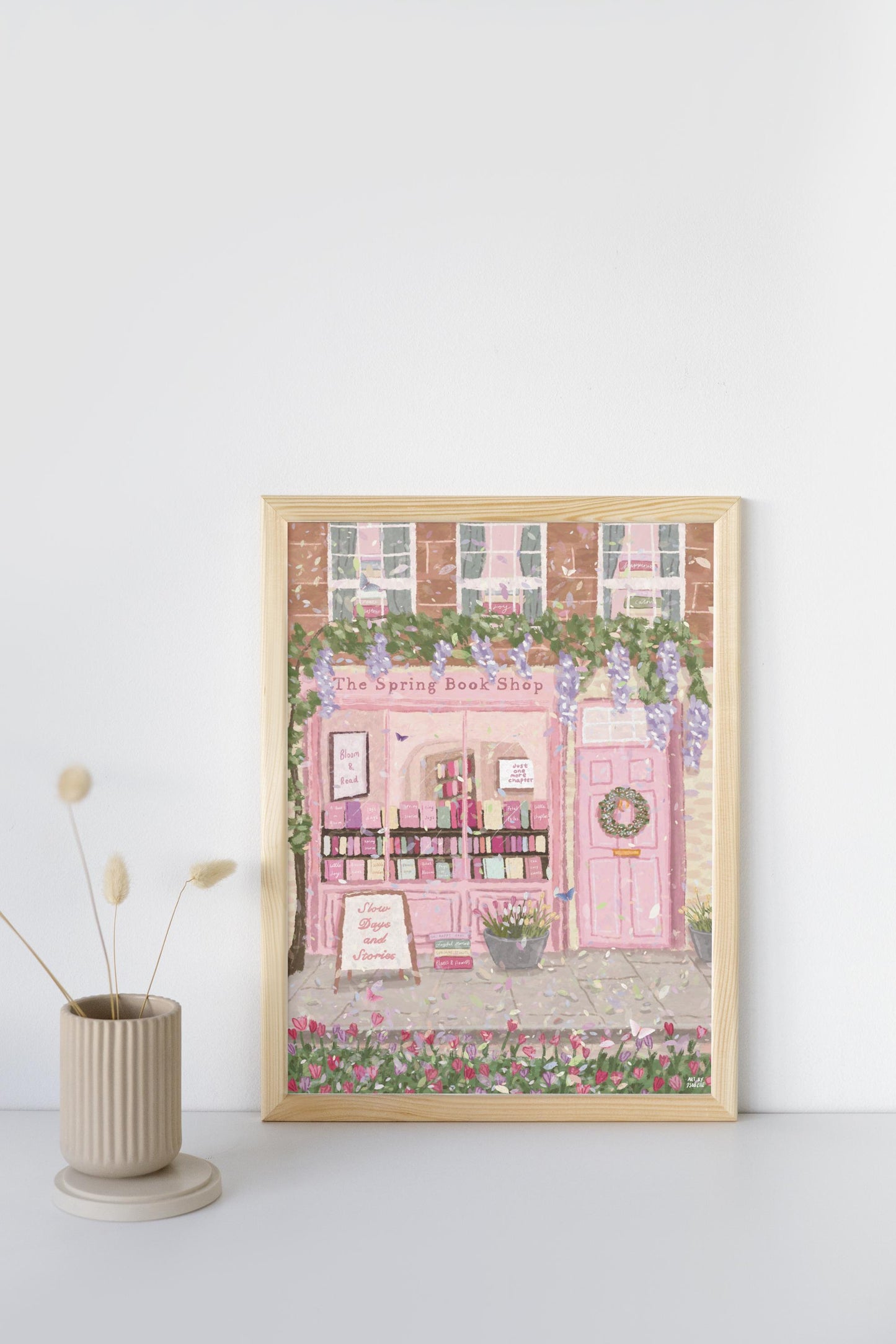 Spring Bookshop Print | Cottagecore Bookstore Wall Art | Floral Shop Front Illustration | Book Lover Gift | Pink Whimsical Decor