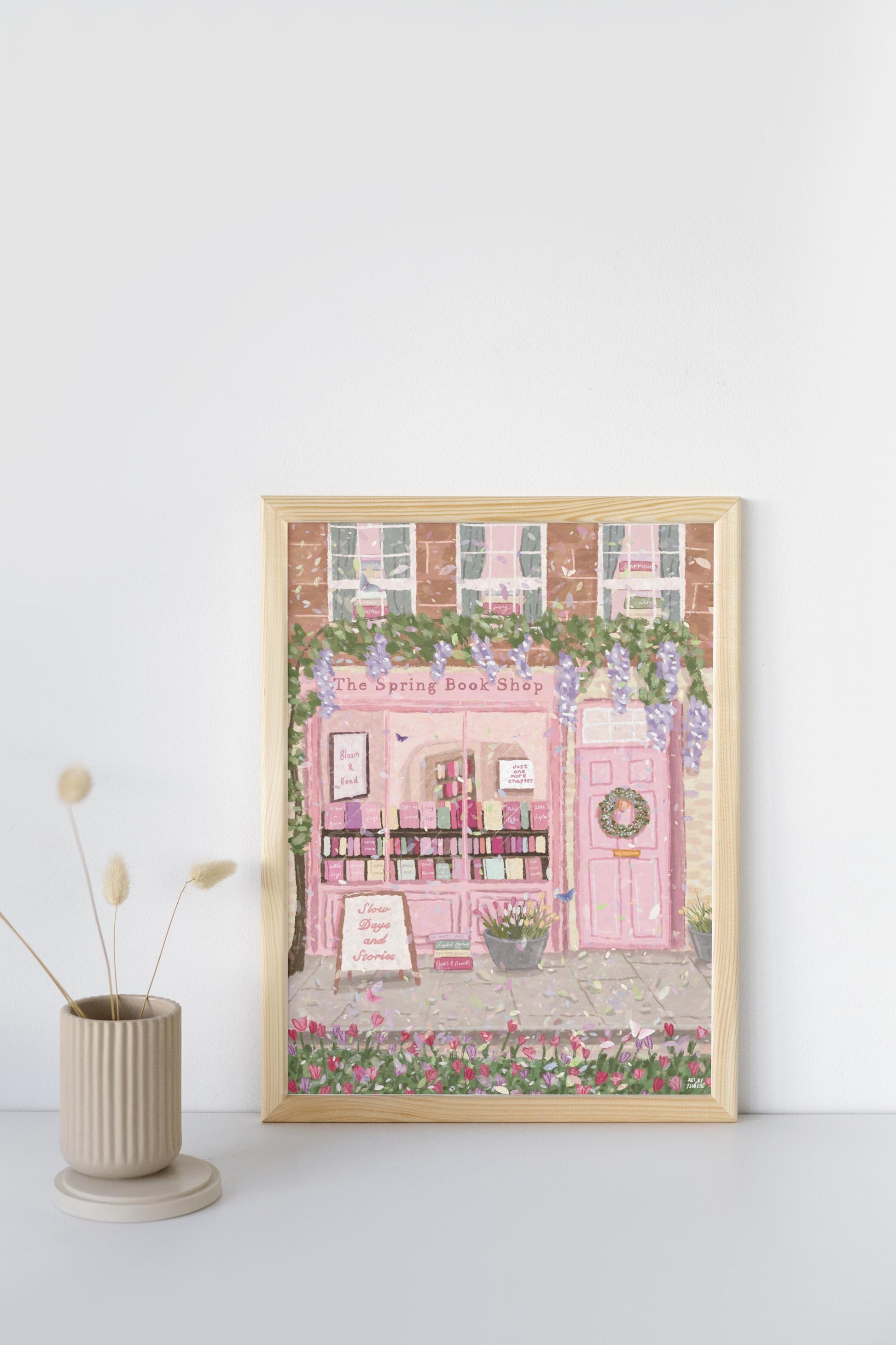 Spring Bookshop Print | Cottagecore Bookstore Wall Art | Floral Shop Front Illustration | Book Lover Gift | Pink Whimsical Decor