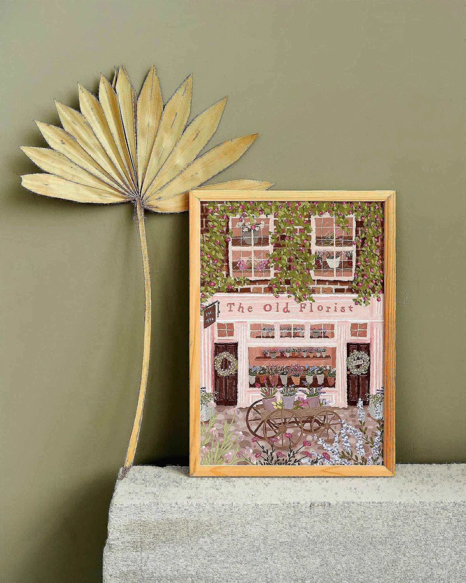 The Old Florist Print | Pink Flower Shopfront Wall Art | Cottagecore Floral Street Scene | Whimsical Pastel Shop Decor | Gift for Her