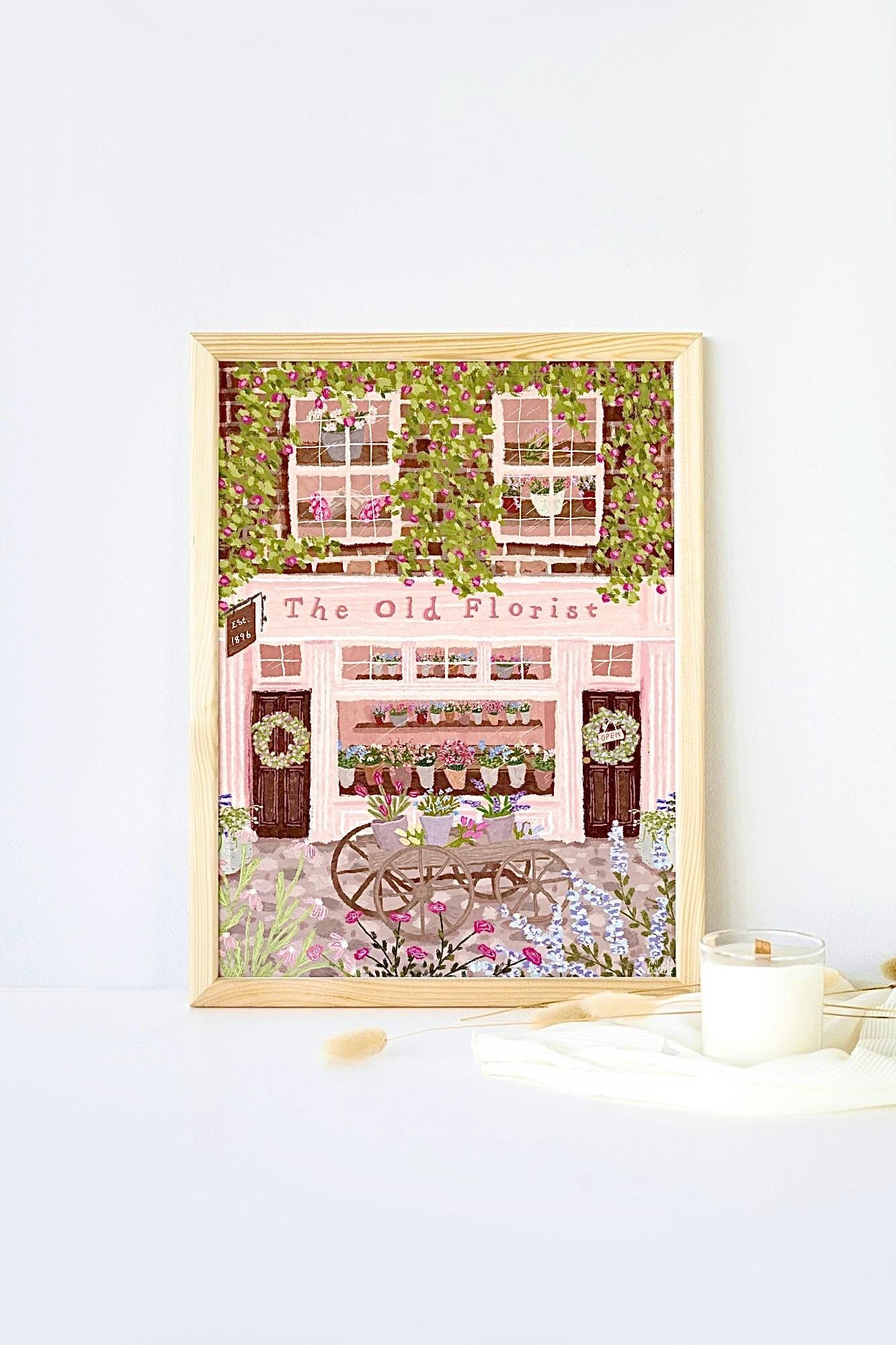 The Old Florist Print | Pink Flower Shopfront Wall Art | Cottagecore Floral Street Scene | Whimsical Pastel Shop Decor | Gift for Her