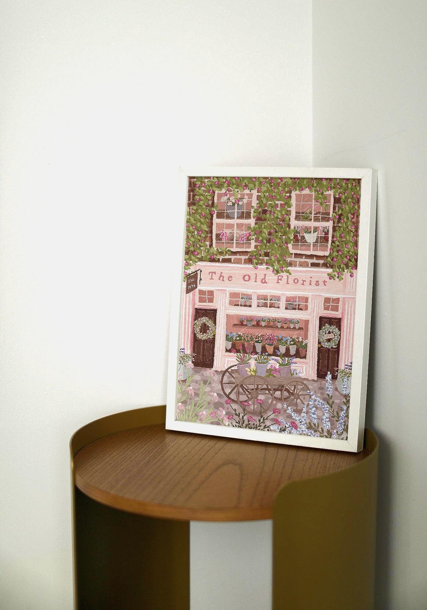 The Old Florist Print | Pink Flower Shopfront Wall Art | Cottagecore Floral Street Scene | Whimsical Pastel Shop Decor | Gift for Her