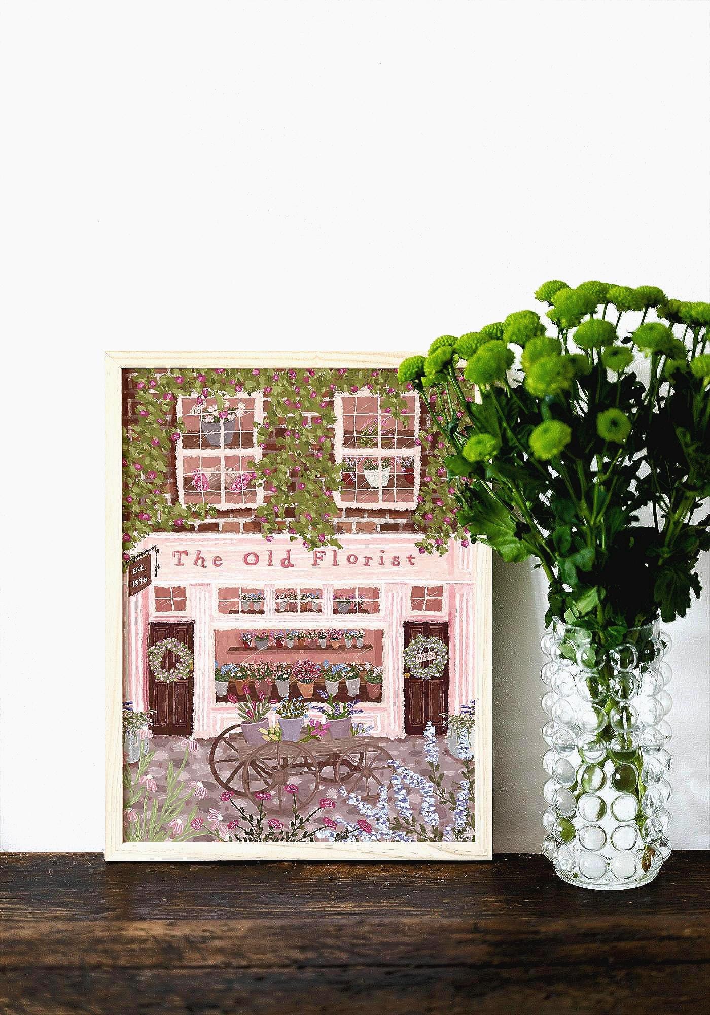 The Old Florist Print | Pink Flower Shopfront Wall Art | Cottagecore Floral Street Scene | Whimsical Pastel Shop Decor | Gift for Her