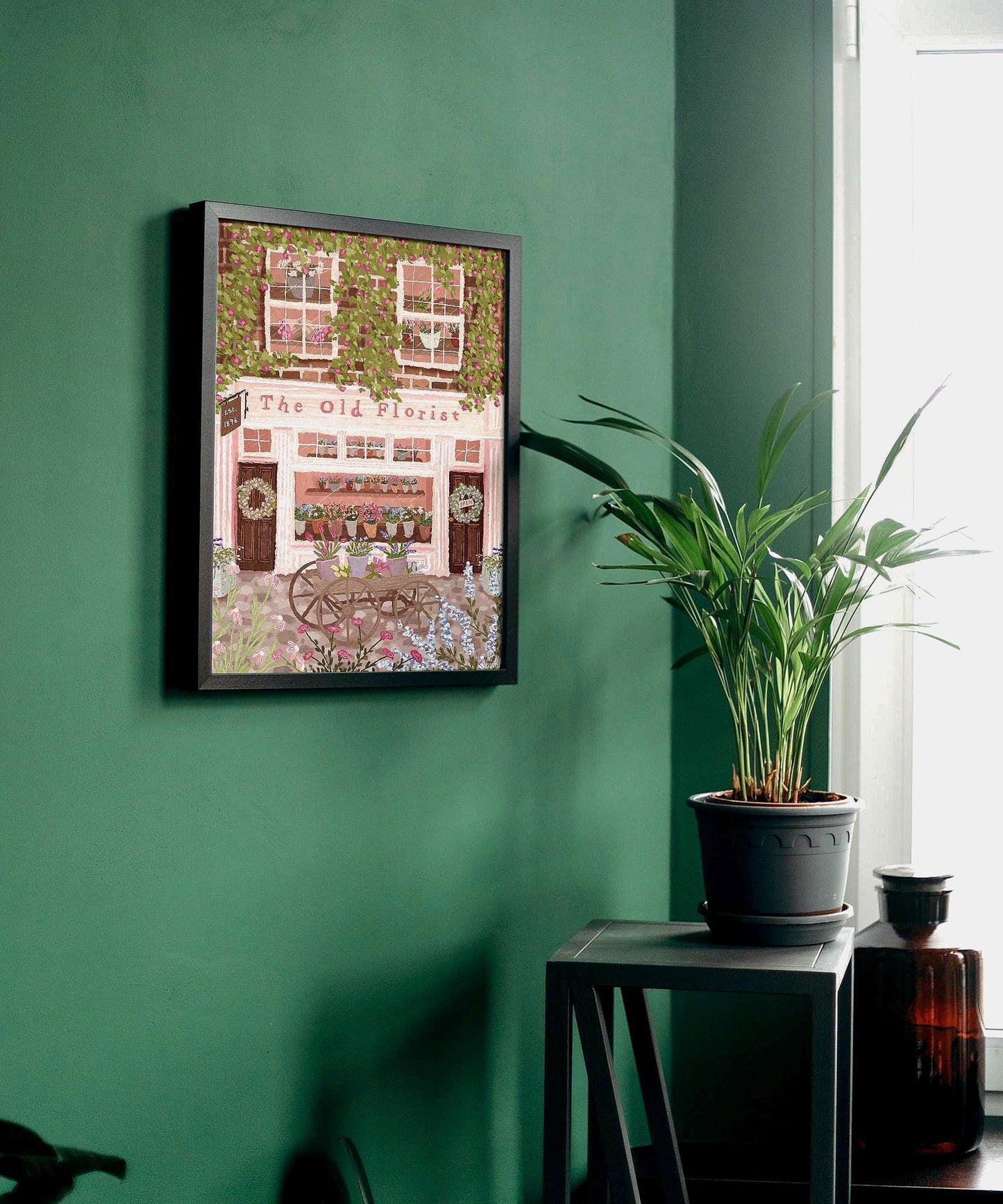 The Old Florist Print | Pink Flower Shopfront Wall Art | Cottagecore Floral Street Scene | Whimsical Pastel Shop Decor | Gift for Her