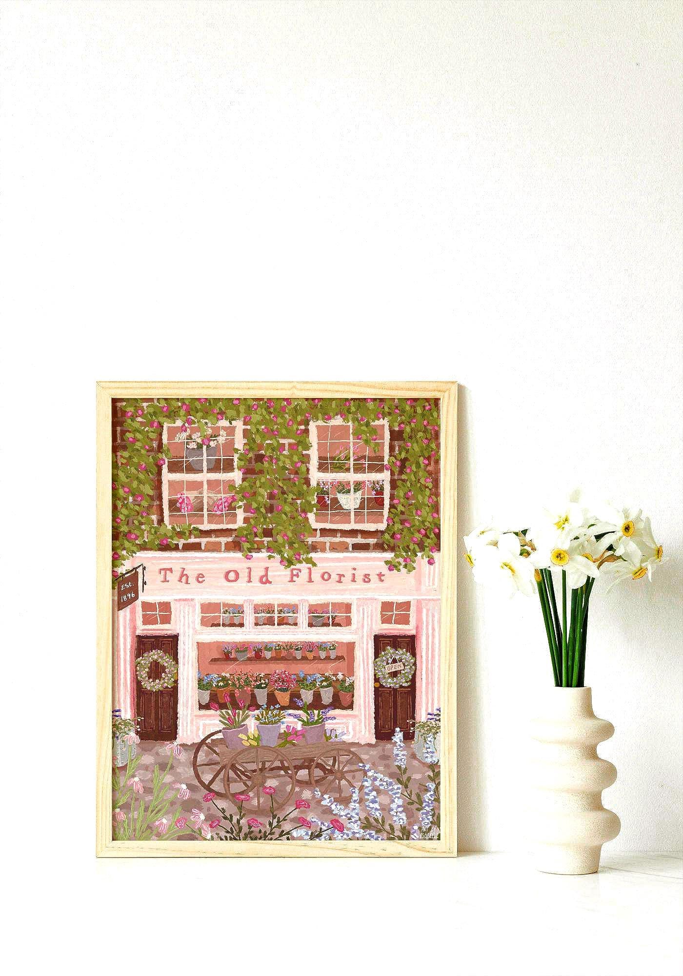 The Old Florist Print | Pink Flower Shopfront Wall Art | Cottagecore Floral Street Scene | Whimsical Pastel Shop Decor | Gift for Her