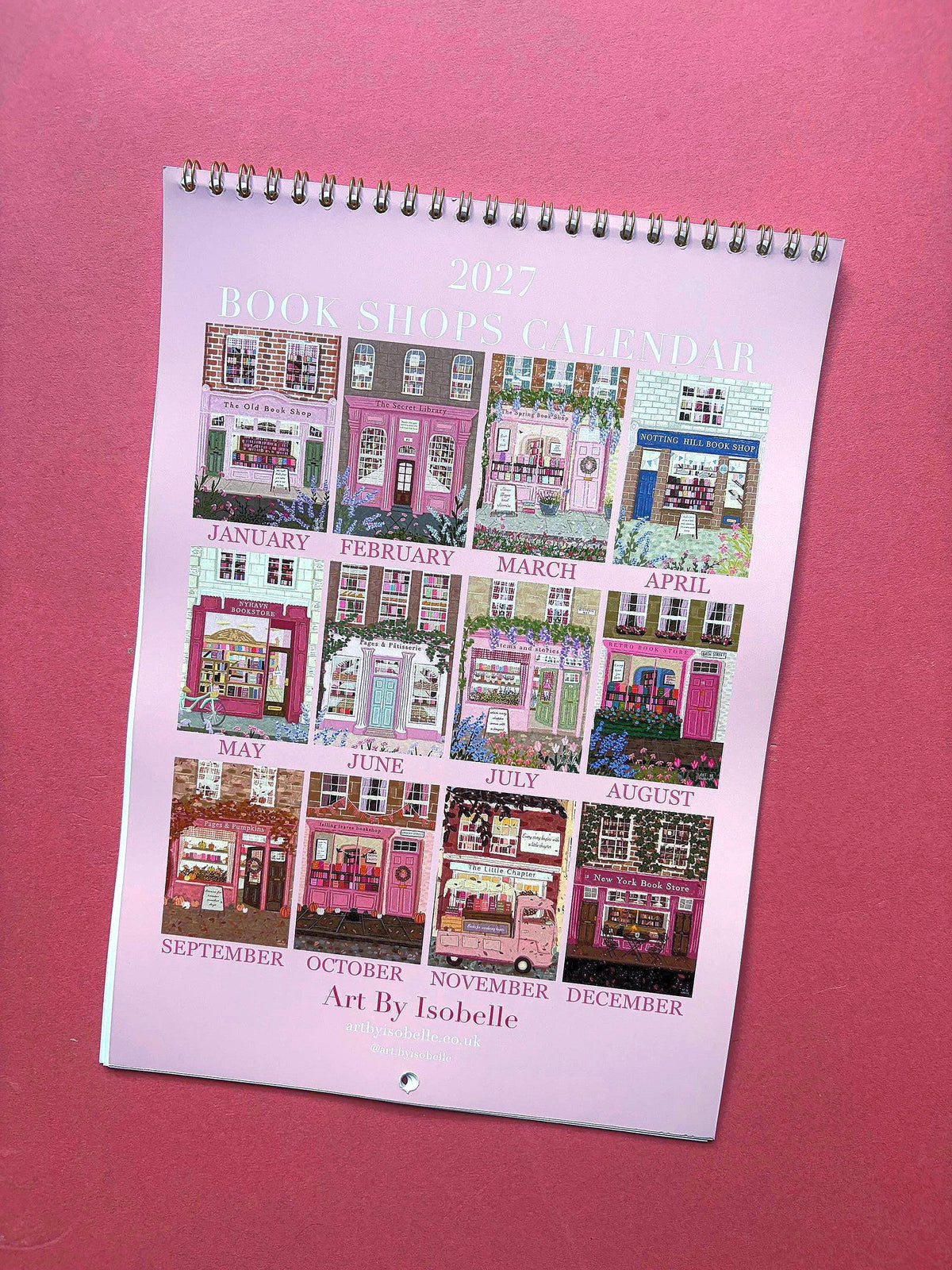 2027 Book Shop Calendar, Wall Calendar for Book Lovers, Bookish Organiser, Gold Wire Bound