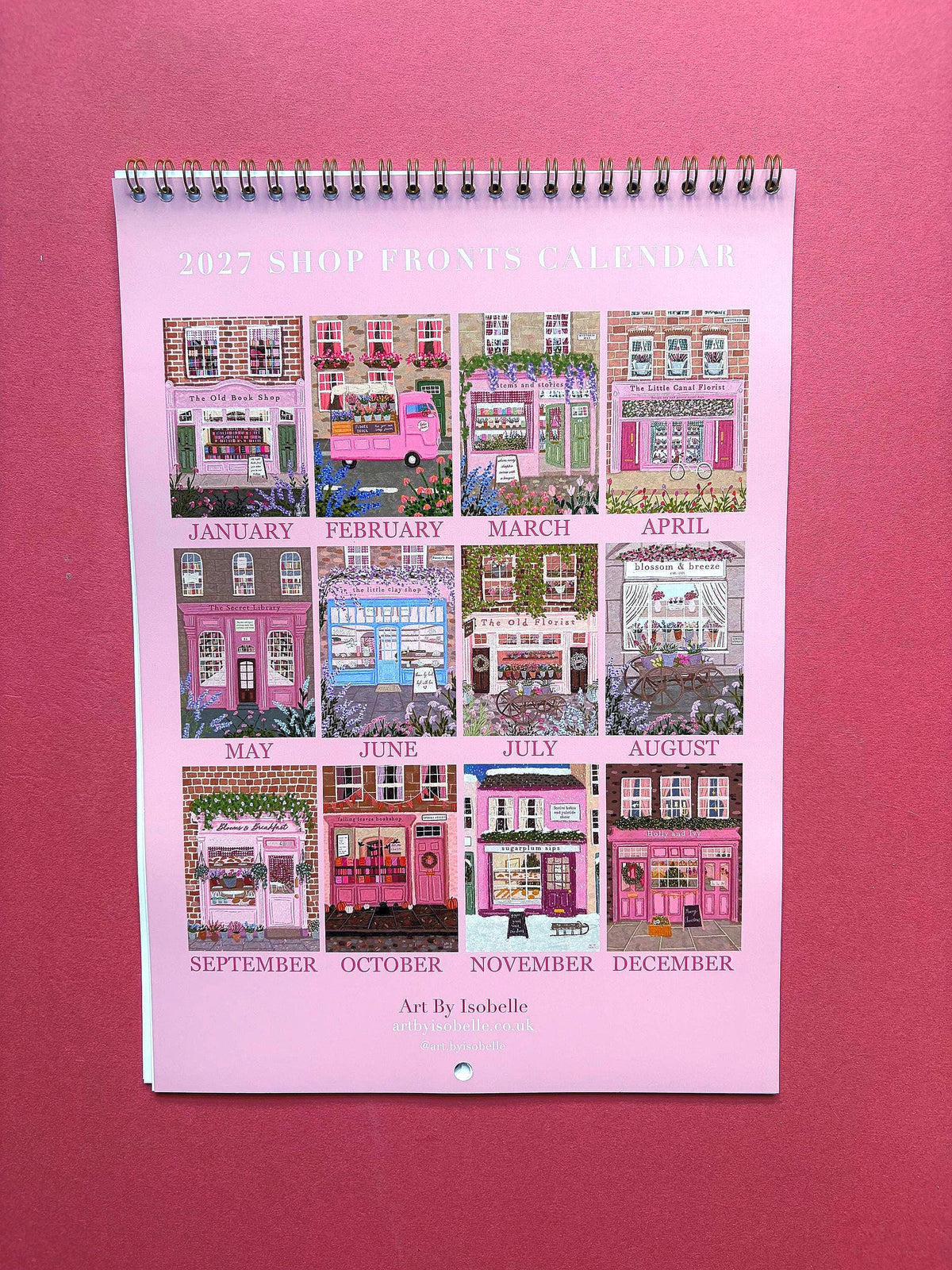 2027 Shopfront Wall Calendar, A4 Illustrated Shop Calendar, Cottagecore Art, Florist and Bookshop Illustrations