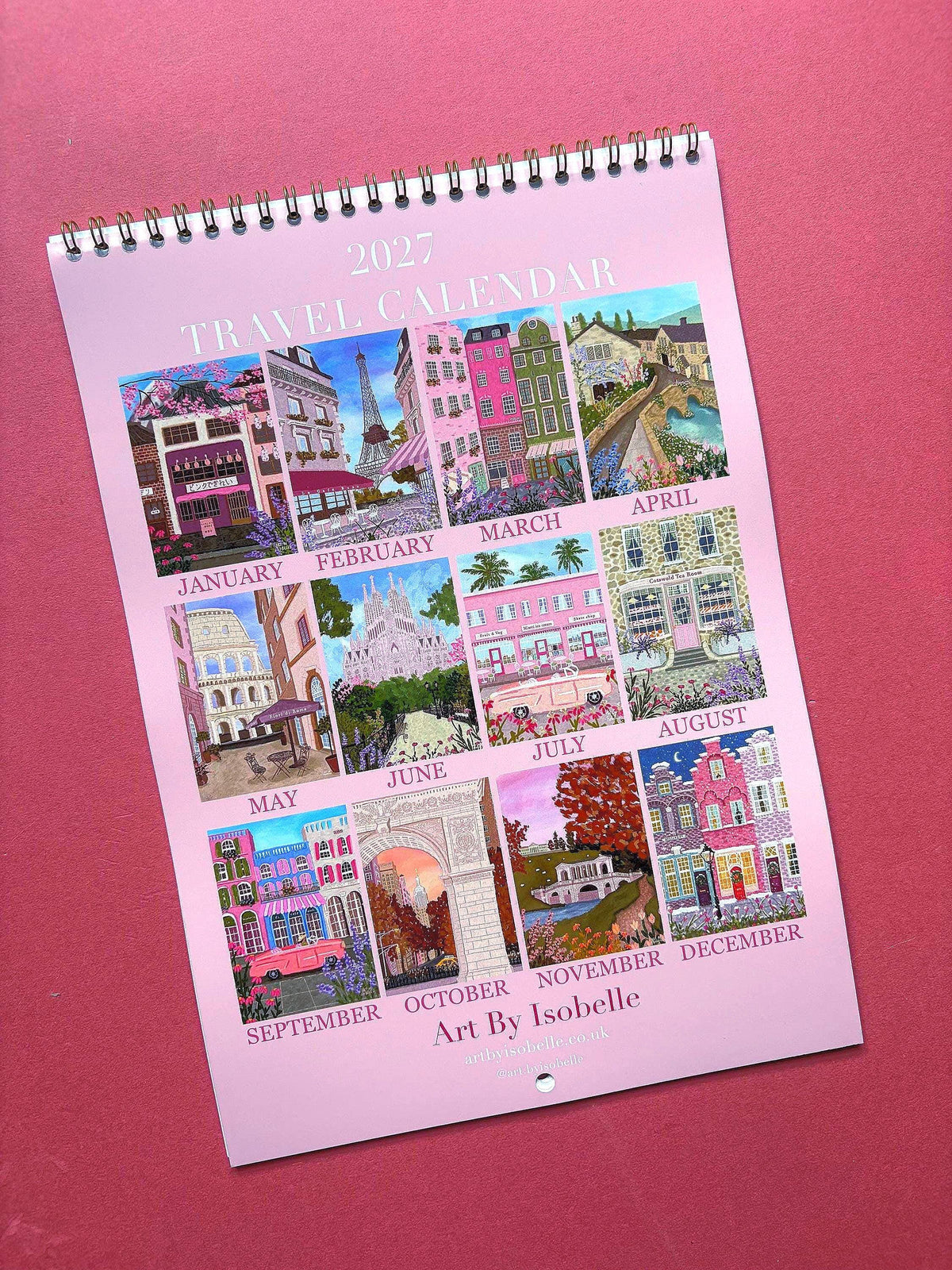 2027 Travel Wall Calendar, A4 Illustrated City Calendar, Paris New York Barcelona Art, Travel Lover Gift, Wanderlust Calendar