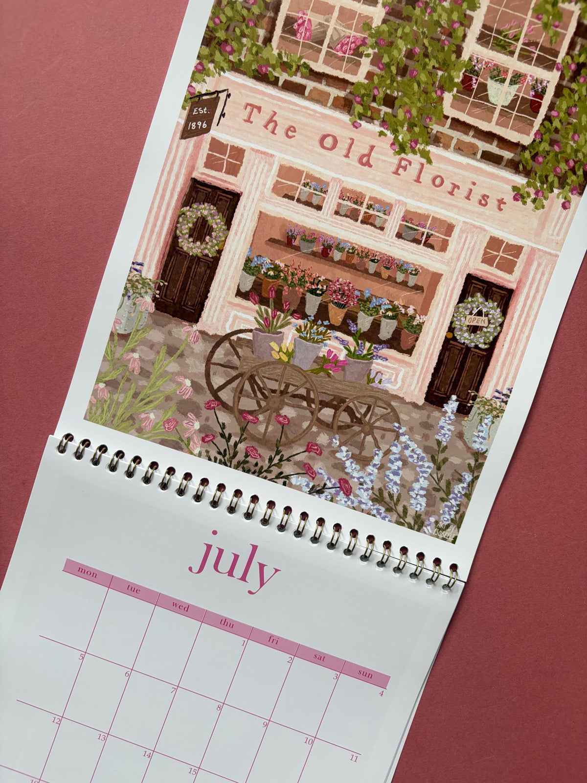 2027 Shopfront Wall Calendar, A4 Illustrated Shop Calendar, Cottagecore Art, Florist and Bookshop Illustrations
