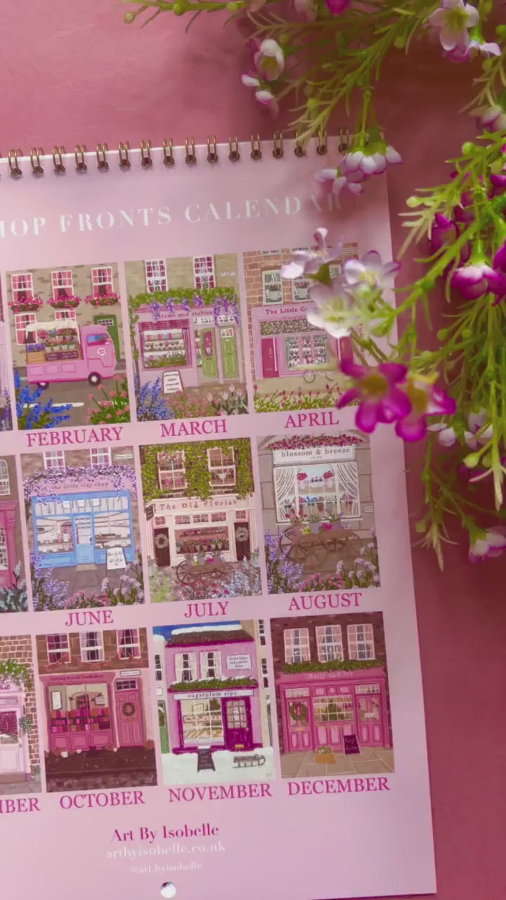 2027 Shopfront Wall Calendar, A4 Illustrated Shop Calendar, Cottagecore Art, Florist and Bookshop Illustrations