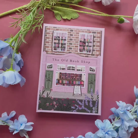 Pink Hardback A5 Notebook, The Old Book Shop Cover, Illustrated Journal, Whimsical Stationery Gift