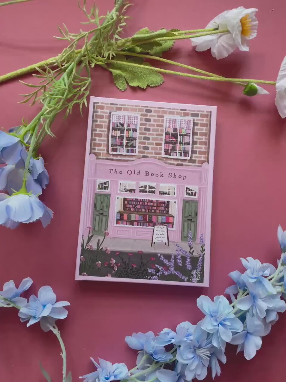 Pink Hardback A5 Notebook, The Old Book Shop Cover, Illustrated Journal, Whimsical Stationery Gift