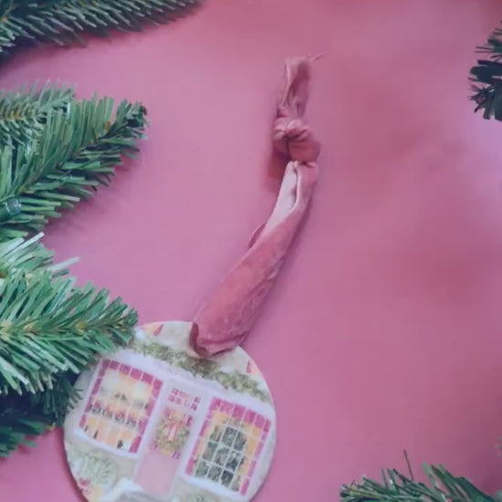 Ceramic Hanging Decoration – Double-Sided Shop Illustration, Pink Velvet Ribbon, Cosy Whimsical Vintage Ornament