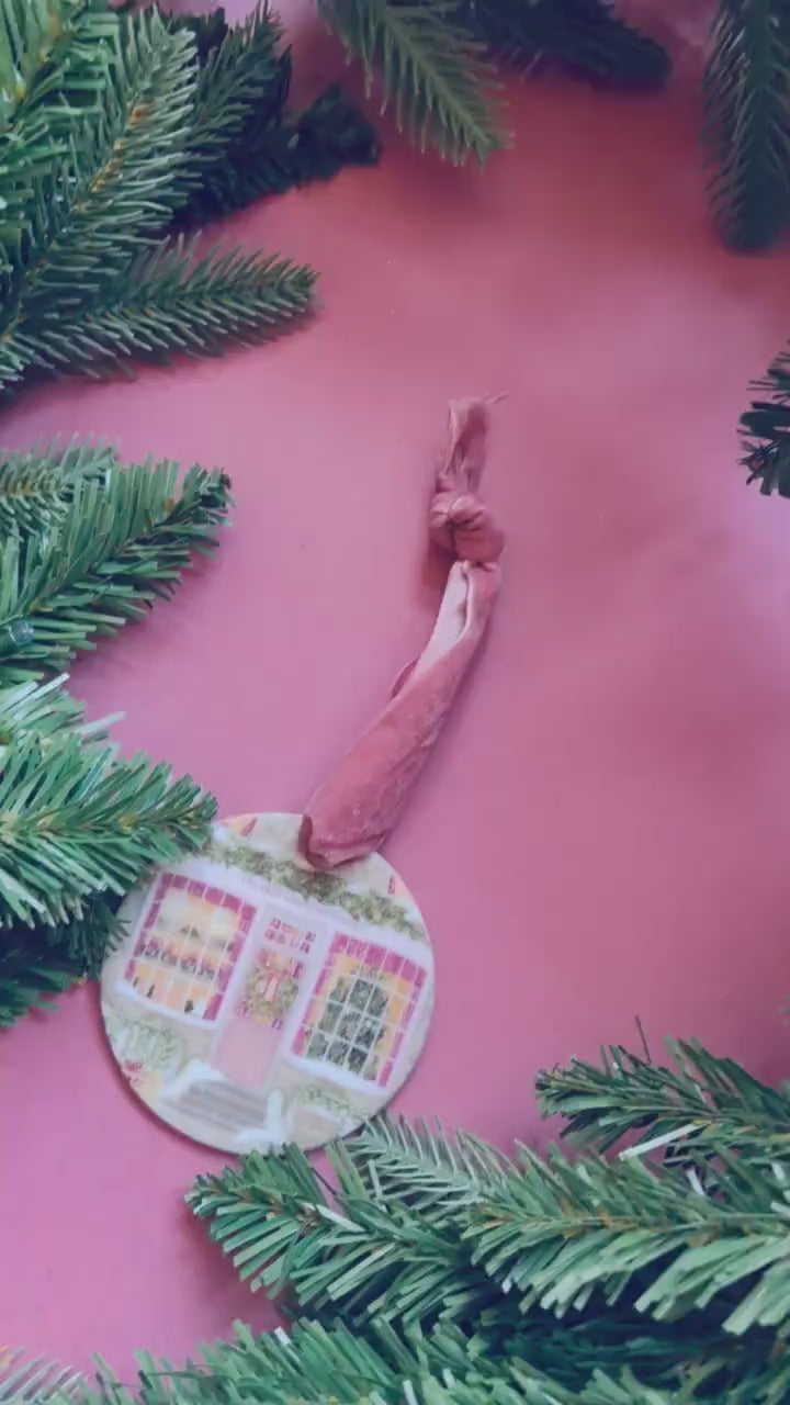 Ceramic Hanging Decoration – Double-Sided Shop Illustration, Pink Velvet Ribbon, Cosy Whimsical Vintage Ornament