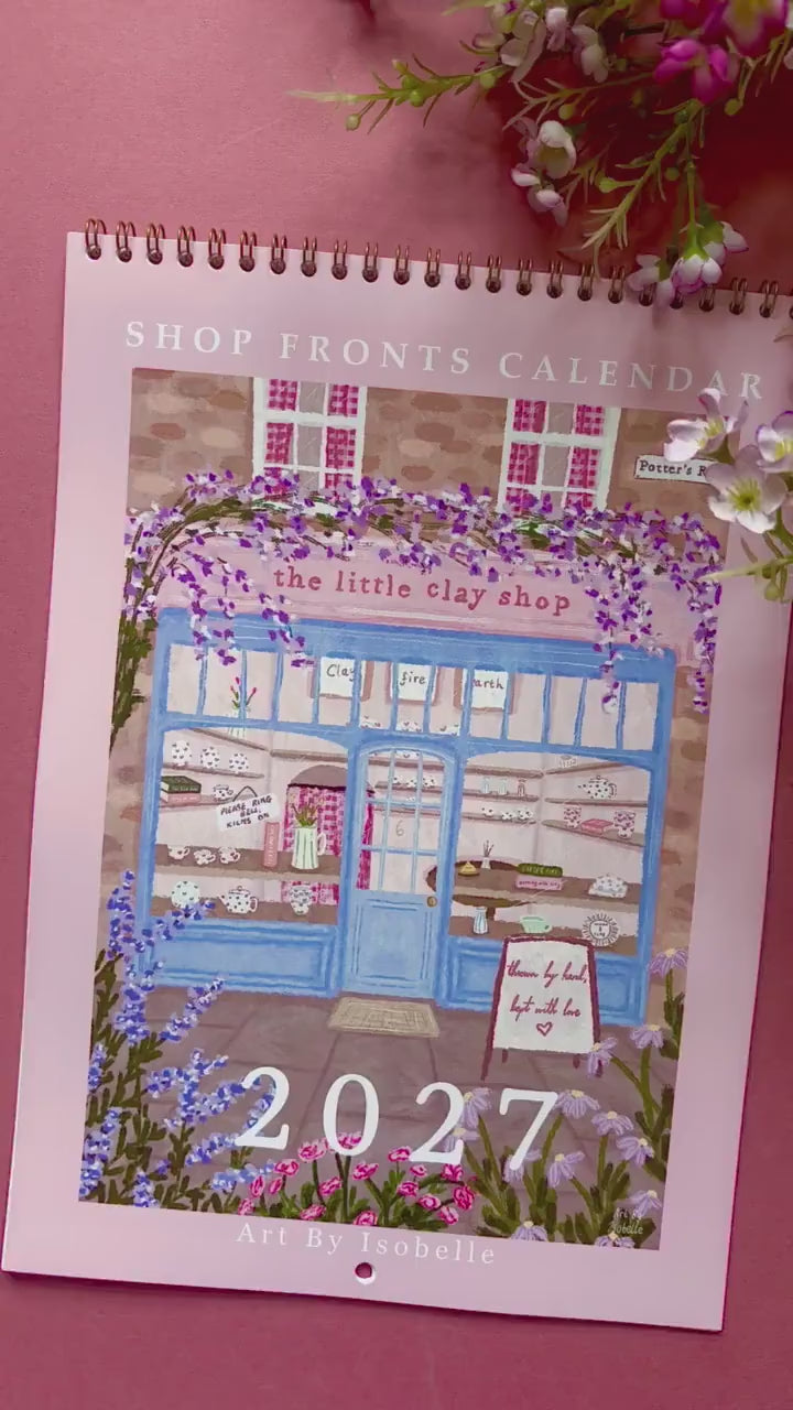 2027 Shopfront Wall Calendar, A4 Illustrated Shop Calendar, Cottagecore Art, Florist and Bookshop Illustrations