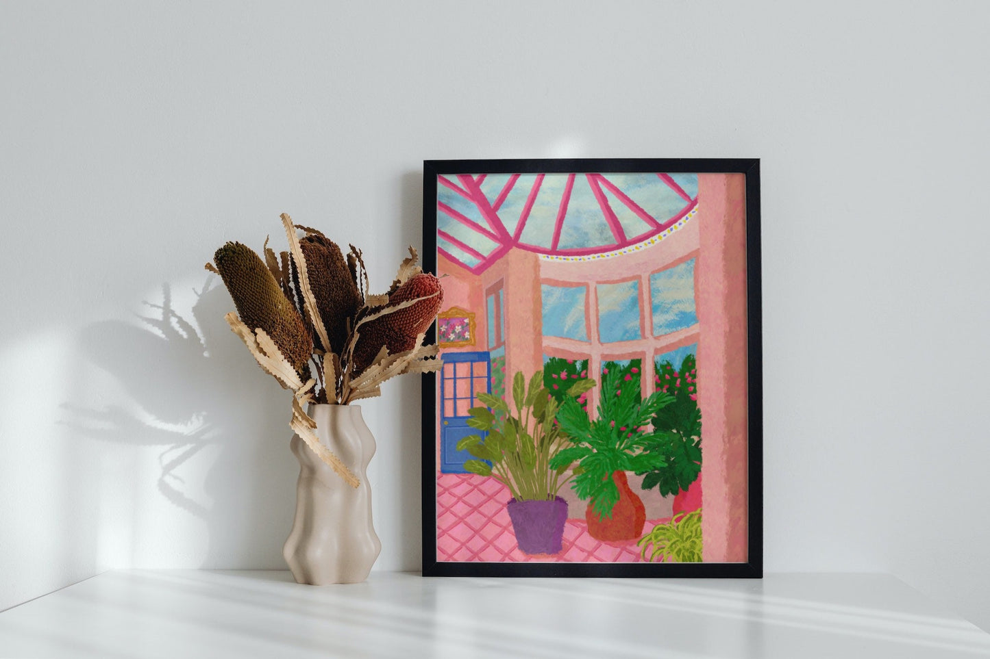 Pink Orangery Boho Vases Plant Print, Tile Plant Art, Vibrant Greenhouse Art Poster Plants, Botanical Print, Floral Print, Unframed A4/A5/A3