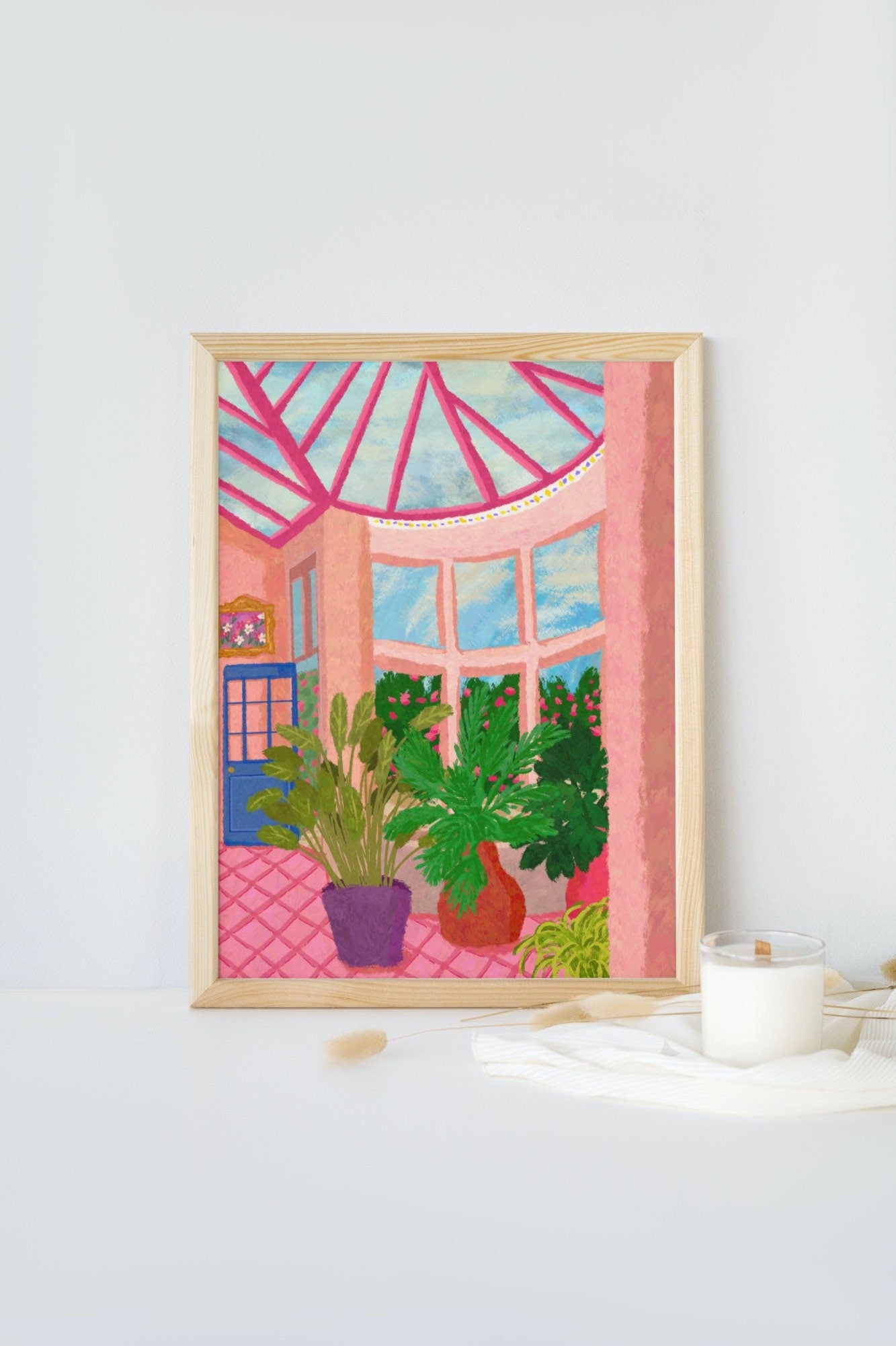 Pink Orangery Boho Vases Plant Print, Tile Plant Art, Vibrant Greenhouse Art Poster Plants, Botanical Print, Floral Print, Unframed A4/A5/A3