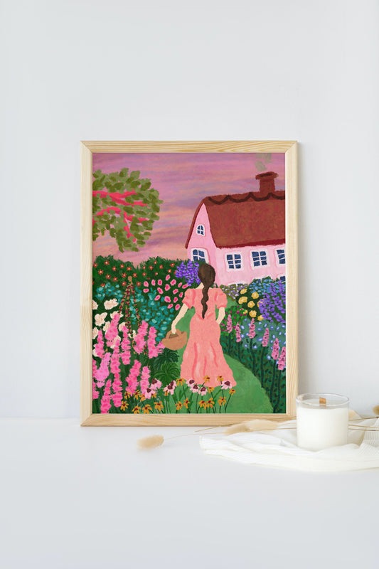 Cottage Garden Print, Cottagecore Floral Art, Fine Art Nature Print, Woman Poster, Summer Garden Painting, Wildflowers Wall Gallery