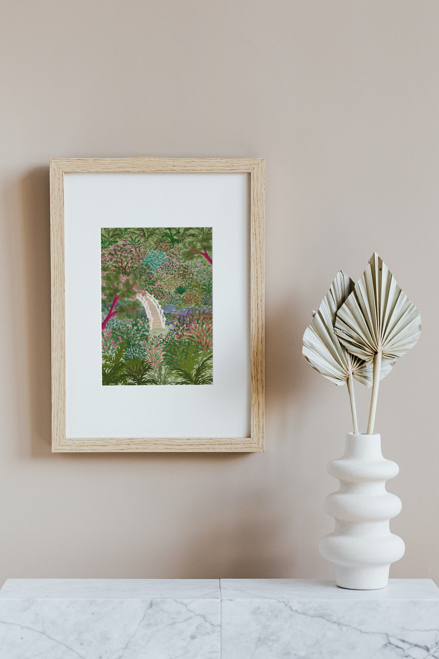 Floral Japenese Garden Print, Trebah Gardens, Colourful Floral Poster, Flower Art, Botanical Print, Cottagecore Print, Vibrant Pink Wall Art