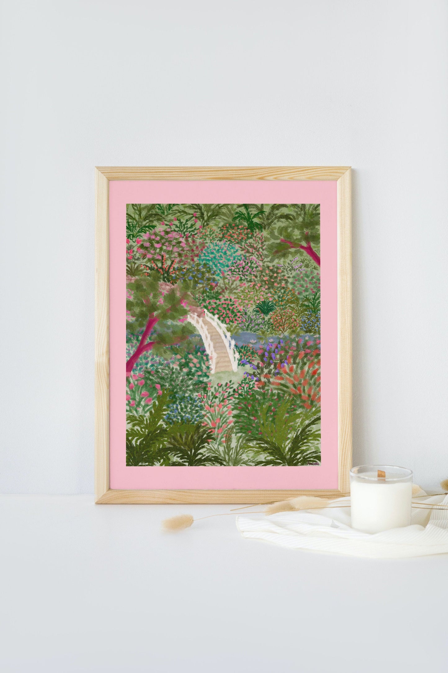 Floral Japenese Garden Print, Trebah Gardens, Colourful Floral Poster, Flower Art, Botanical Print, Cottagecore Print, Vibrant Pink Wall Art