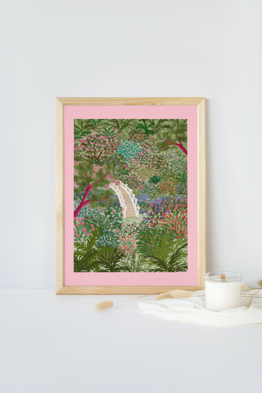 Floral Japenese Garden Print, Trebah Gardens, Colourful Floral Poster, Flower Art, Botanical Print, Cottagecore Print, Vibrant Pink Wall Art