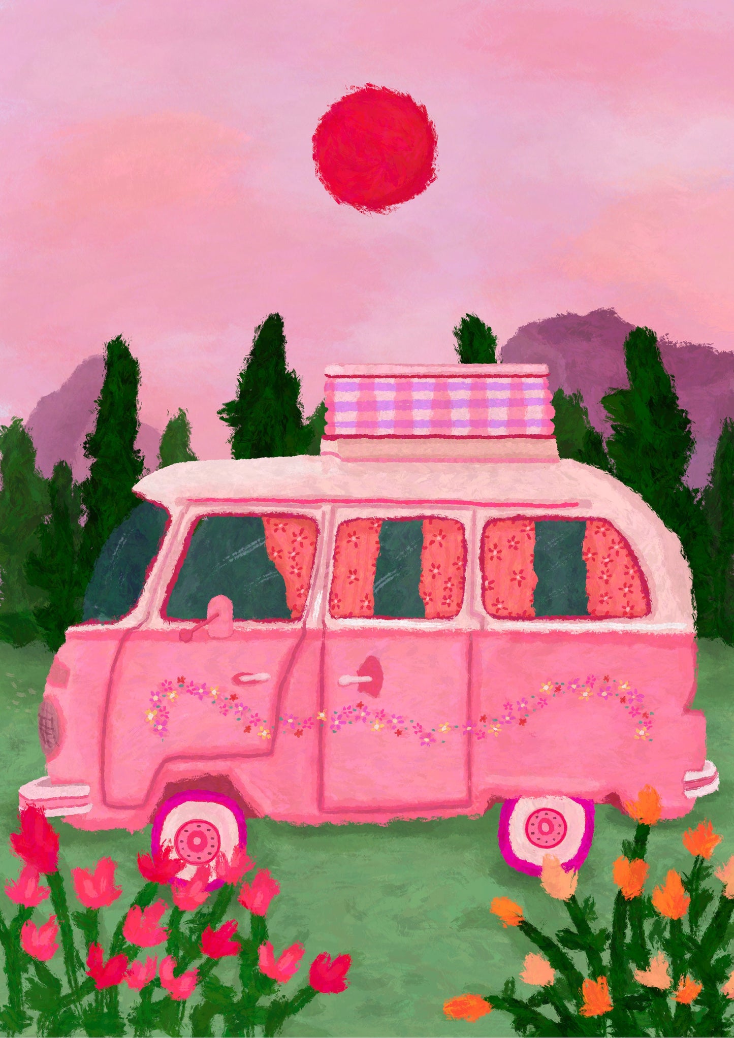 VW Campervan Print, Camper Travel Wall Art, Vibrant Decor, Birthday Gift For Campers, Girly Camping Poster