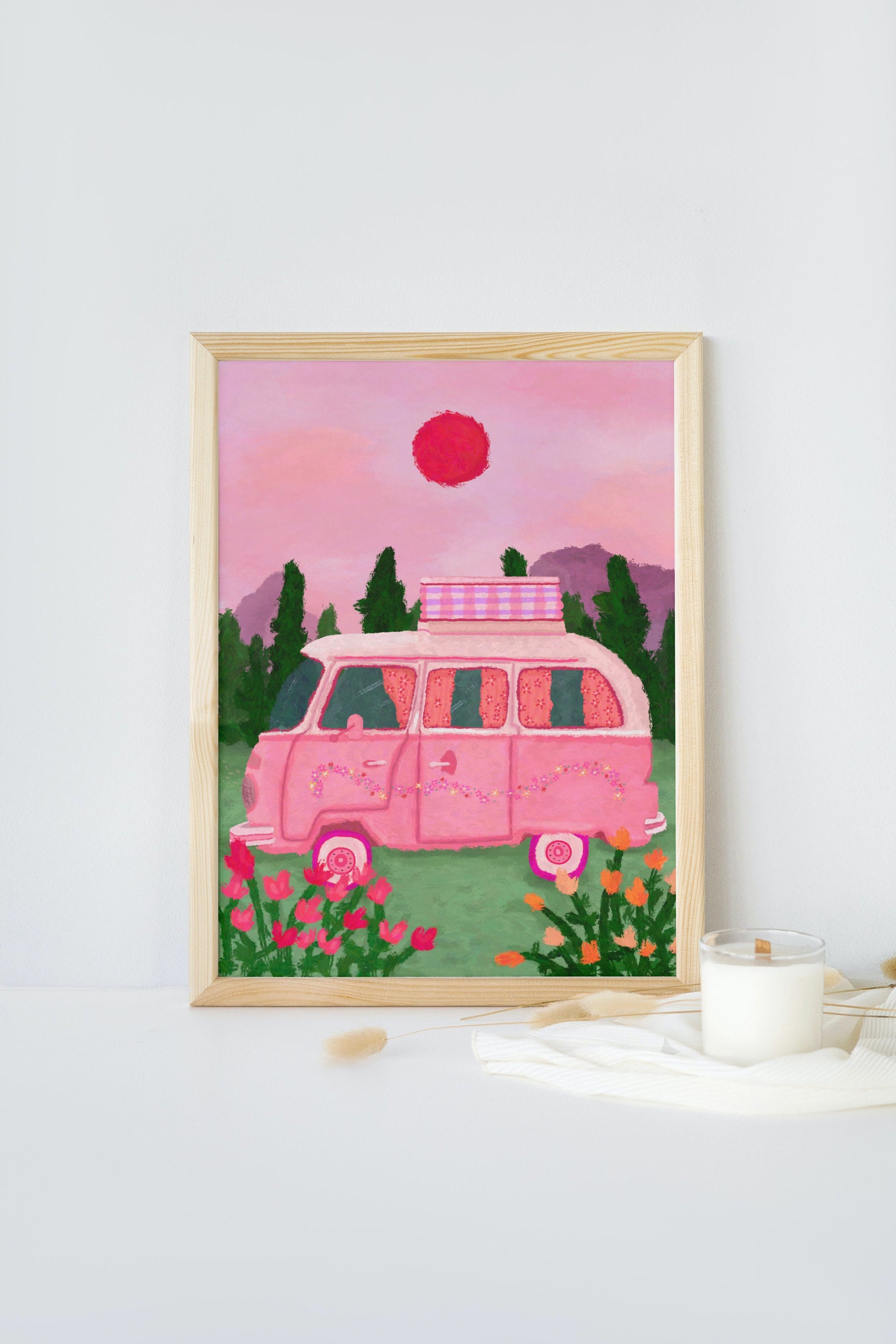 VW Campervan Print, Camper Travel Wall Art, Vibrant Decor, Birthday Gift For Campers, Girly Camping Poster