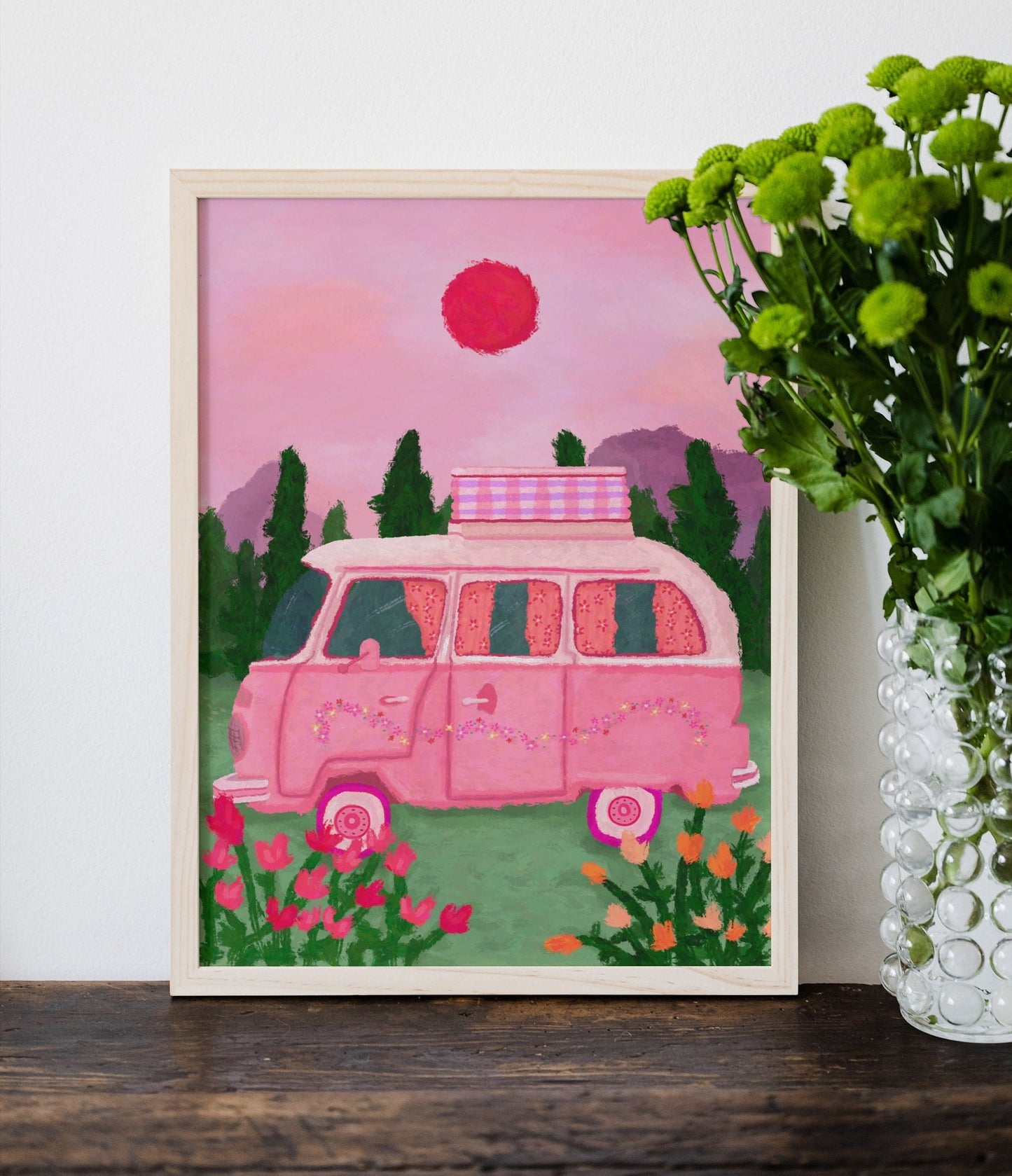 VW Campervan Print, Camper Travel Wall Art, Vibrant Decor, Birthday Gift For Campers, Girly Camping Poster