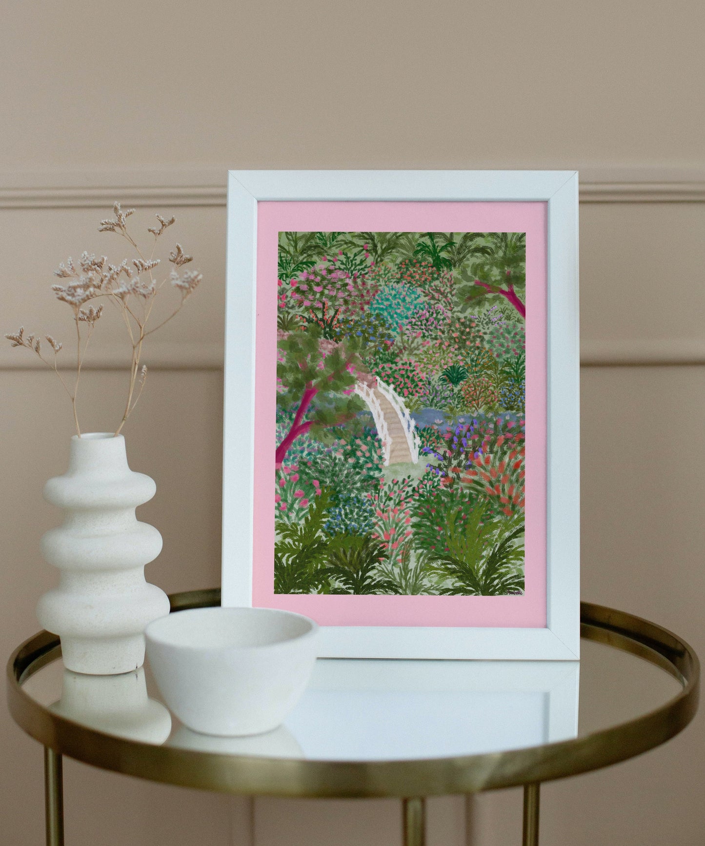 Floral Japenese Garden Print, Trebah Gardens, Colourful Floral Poster, Flower Art, Botanical Print, Cottagecore Print, Vibrant Pink Wall Art