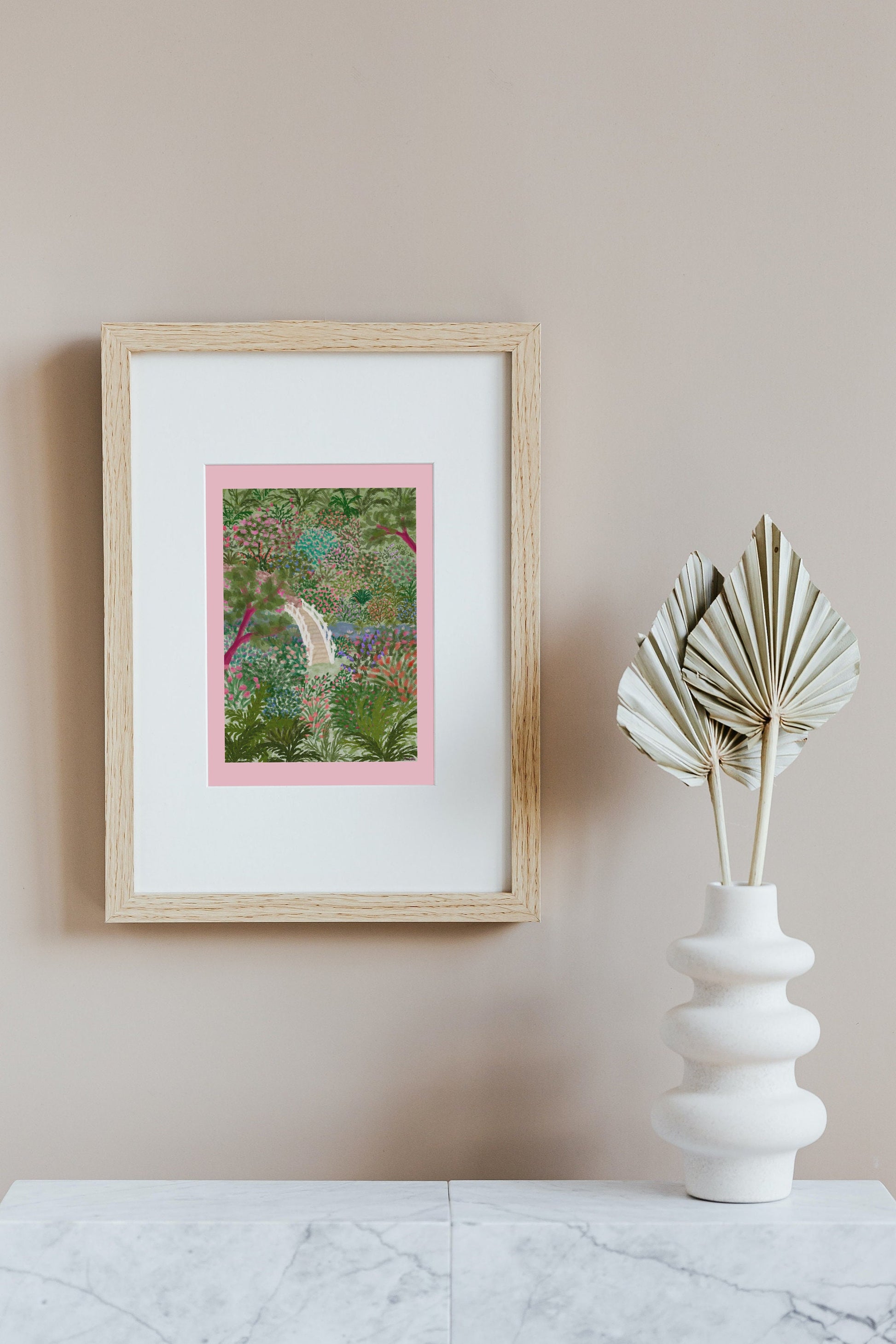 Floral Japenese Garden Print, Trebah Gardens, Colourful Floral Poster, Flower Art, Botanical Print, Cottagecore Print, Vibrant Pink Wall Art