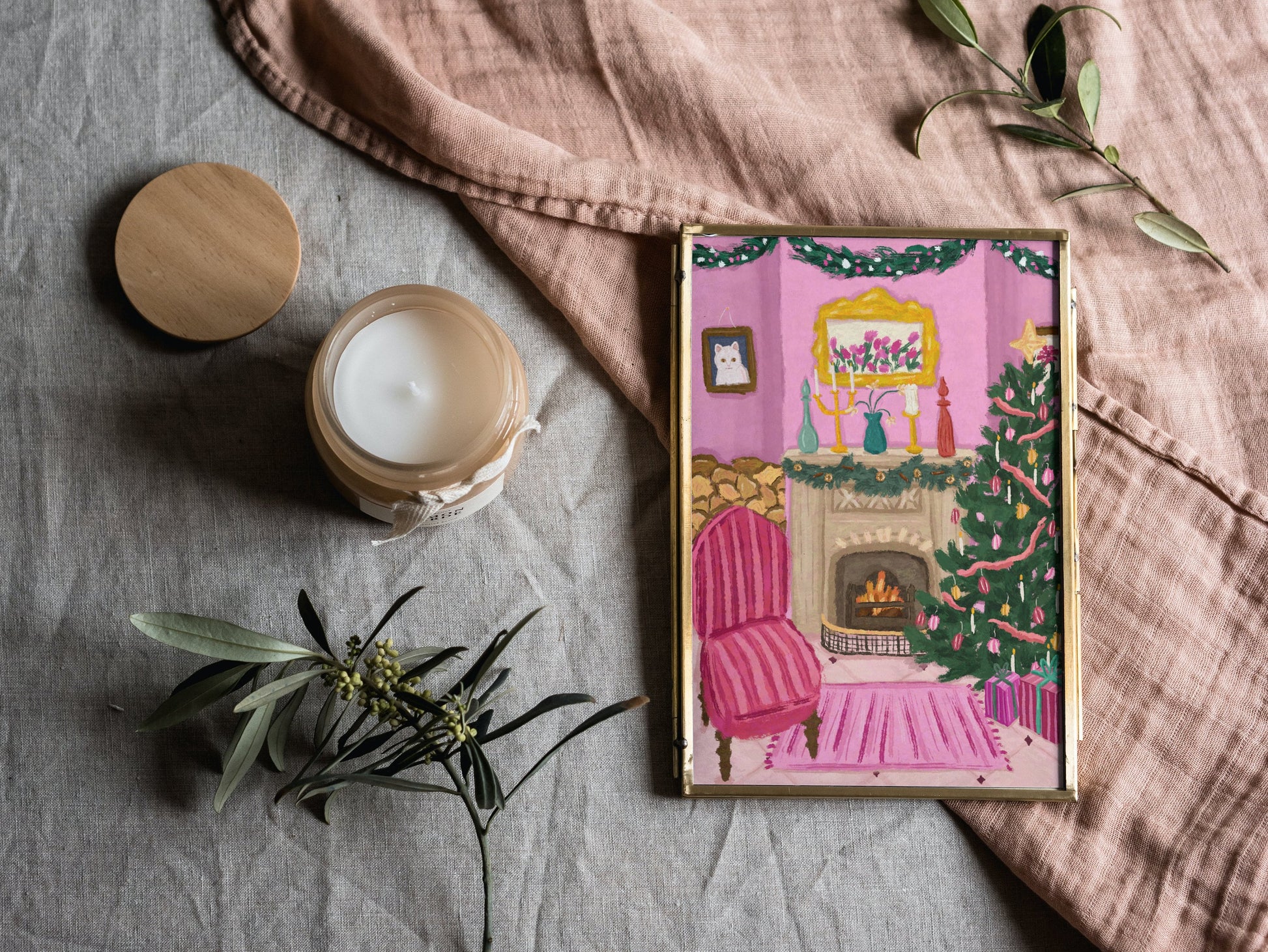 Cosy Christmas Living Room Print, Christmas Home Poster, Christmas Tree Wall Art, Vibrant Christmas Art Print, Pink Christmas House Print